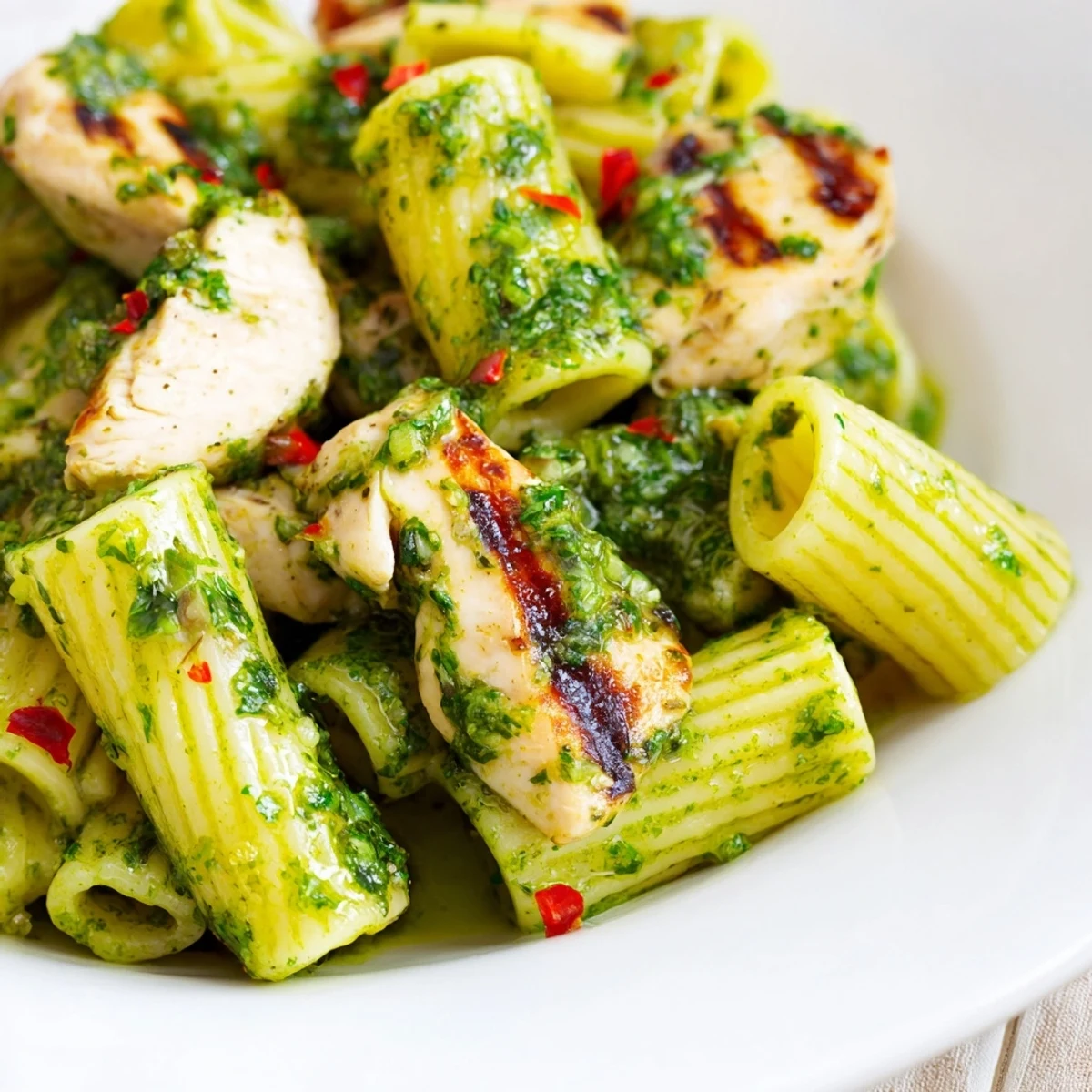 A close-up view captures the juicy, smoky chicken and glistening olive oil sauce clinging to every piece of this flavorful Chimichurri Chicken Pasta.