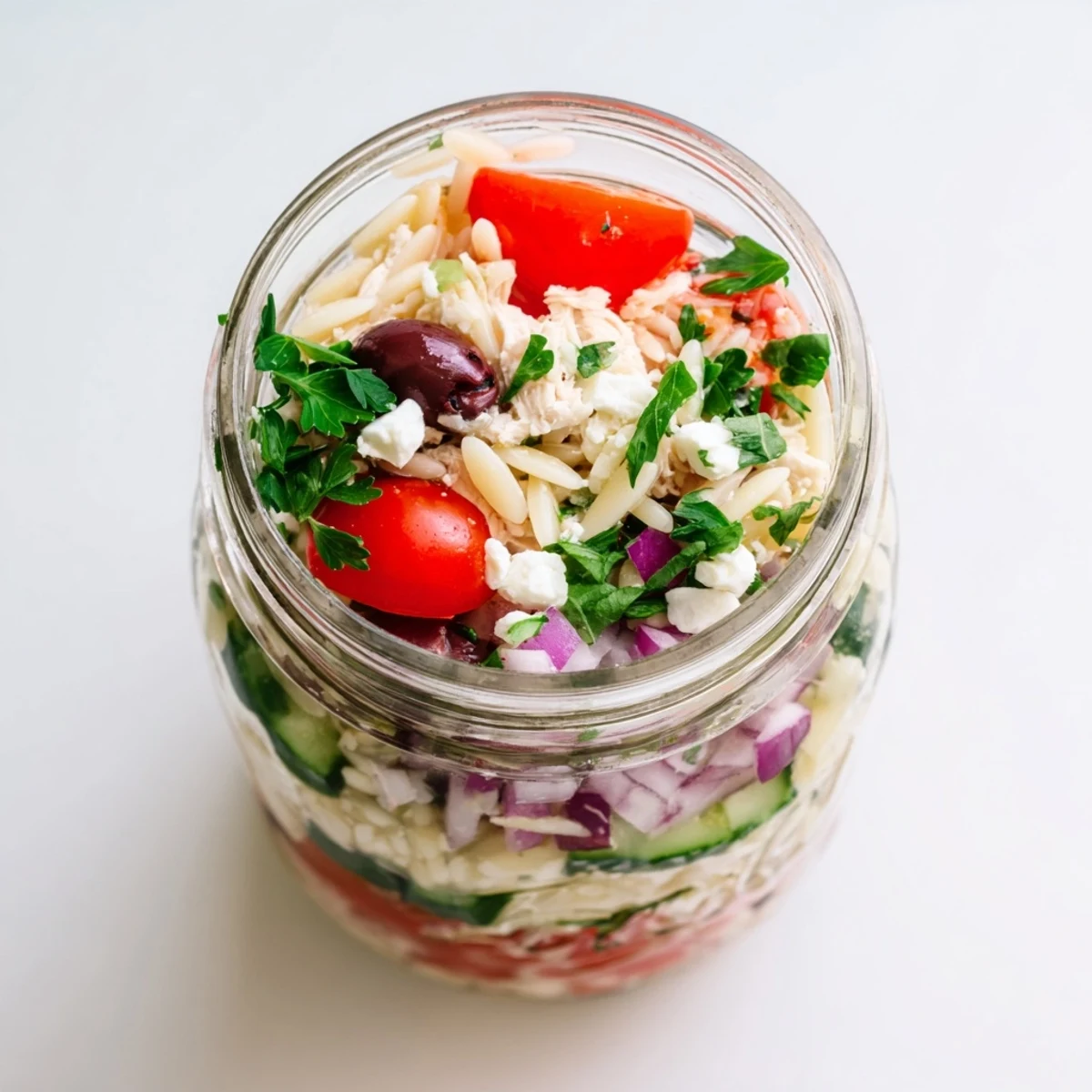 A refreshing grab-and-go lunch jar filled with Greek Pasta Chicken Salad, briny olives, creamy feta, and crisp Mediterranean vegetables.
