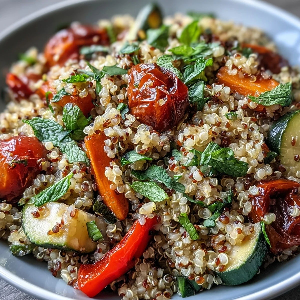 A hearty skillet of quinoa vegetable pilaf features golden roasted veggies, fresh herbs, and a bright lemon finish.  