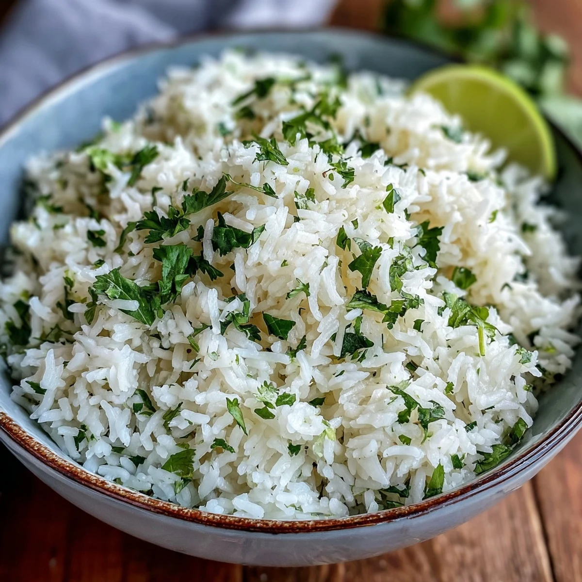 Freshly prepared cilantro lime rice in a rustic bowl, garnished with lime wedges and ready to pair with Mexican meals.