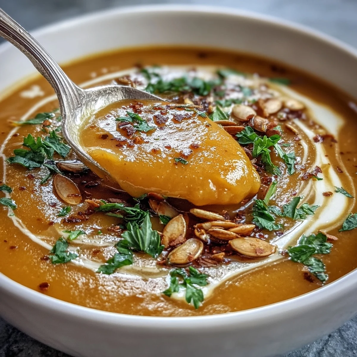 Creamy Butternut Squash and Apple Soup served in a rustic bowl with a golden swirl and toasted pumpkin seeds.