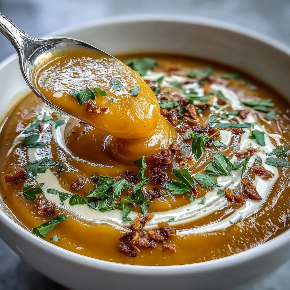 Warm bowls of Butternut Squash and Apple Soup with a drizzle of cream and fresh parsley garnish.