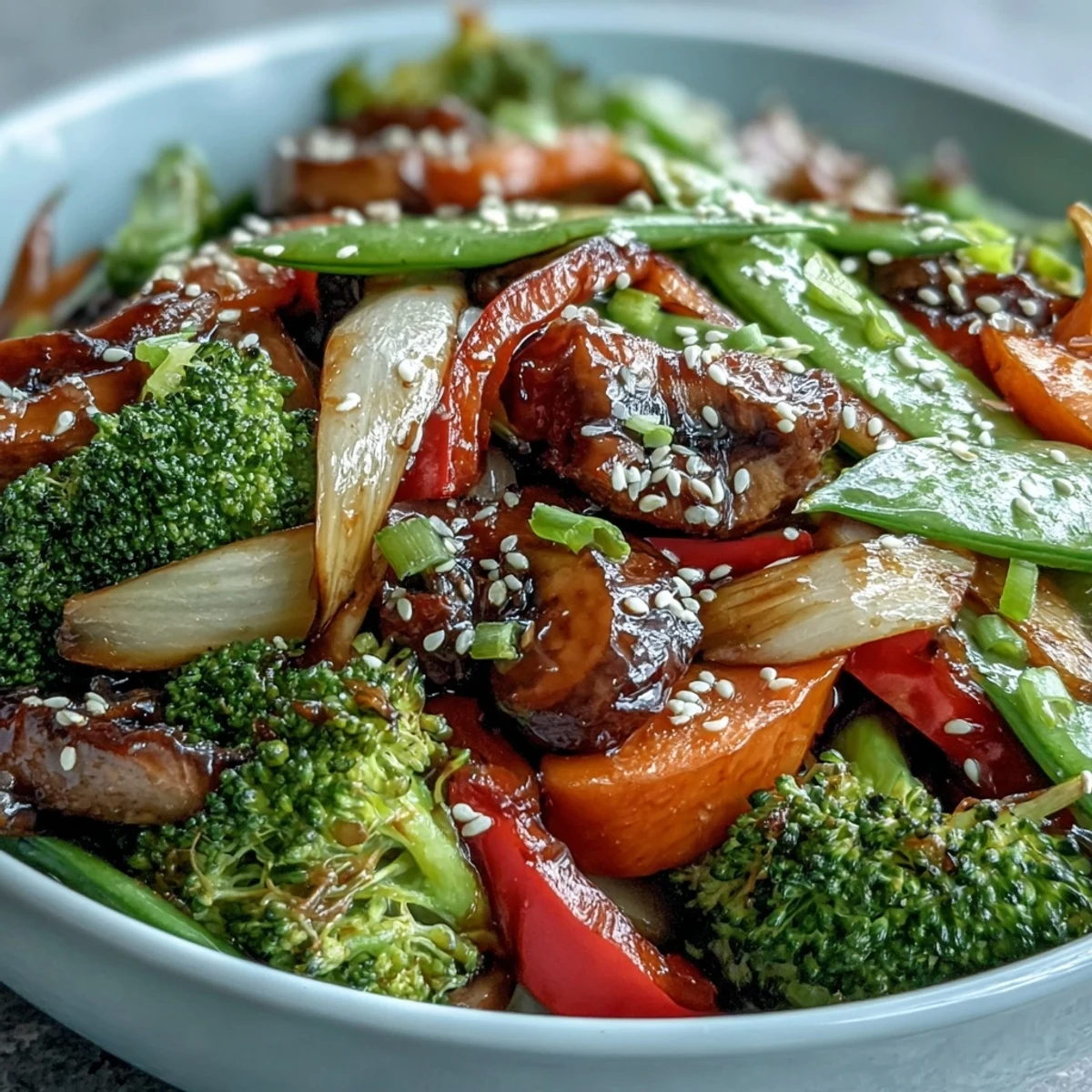 Homemade Ginger Stir-Fried Vegetables served hot over steamed rice, garnished with green onions and toasted sesame seeds.  
