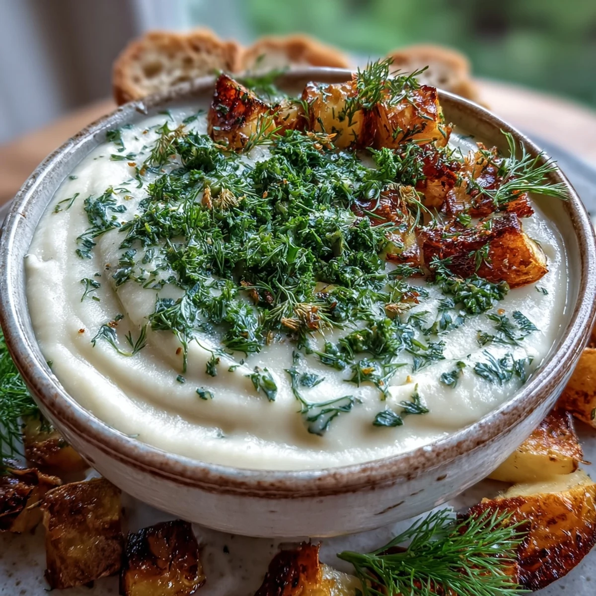 A warm bowl of creamy Parsnip and Herb Soup garnished with fresh parsley and chives, perfect for chilly evenings.
