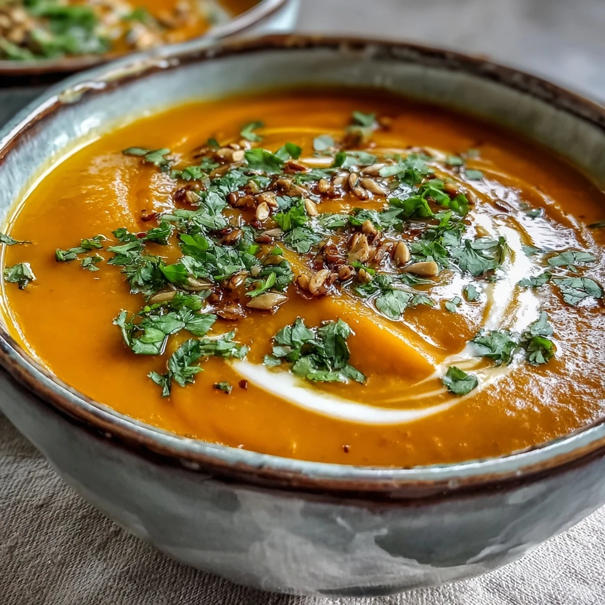 A bowl of creamy Carrot Ginger Soup with a swirl of coconut cream and fresh parsley garnish.