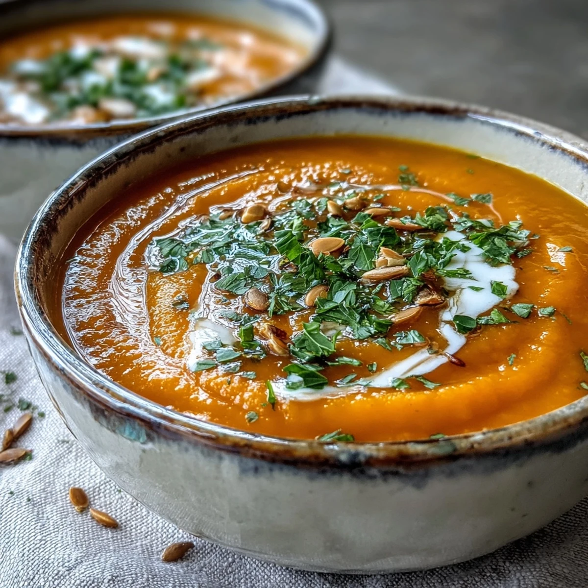 Silky Carrot Ginger Soup topped with fresh herbs, ready to serve as a healthy vegan meal.
