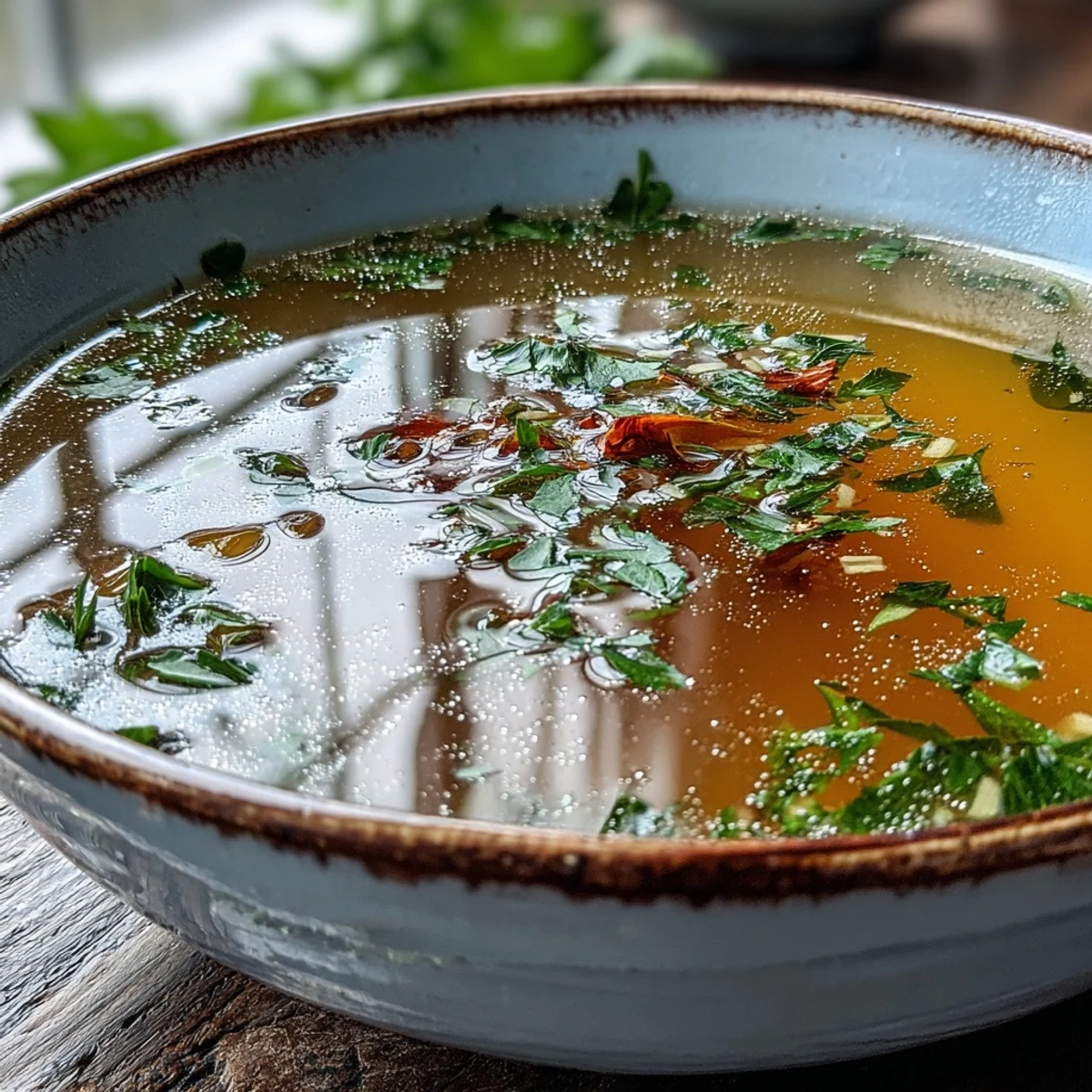 Homemade Vegetable Broth From Scraps simmering in a large pot with bay leaves and peppercorns.