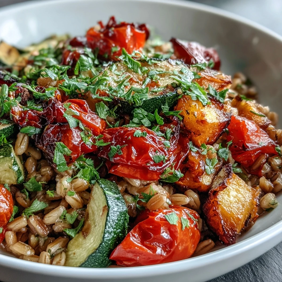 Vibrant Mediterranean flavors in Farro With Roasted Vegetables, featuring caramelized carrots and onions over warm, fluffy grains topped with feta.
