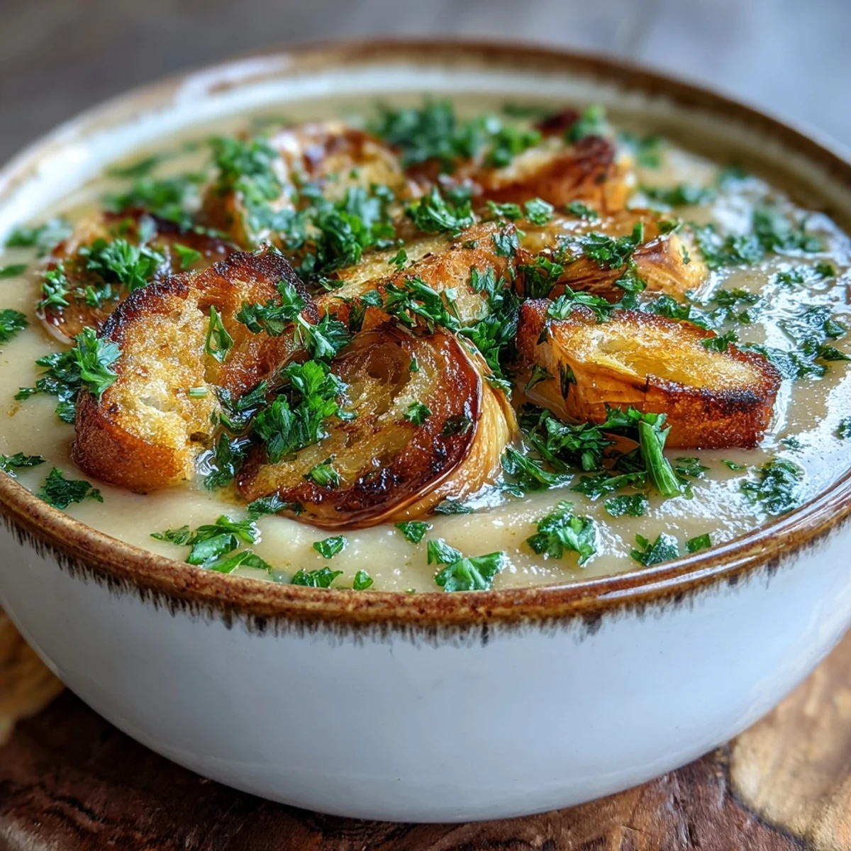 Creamy roasted garlic soup topped with fresh parsley and croutons, ready to serve.