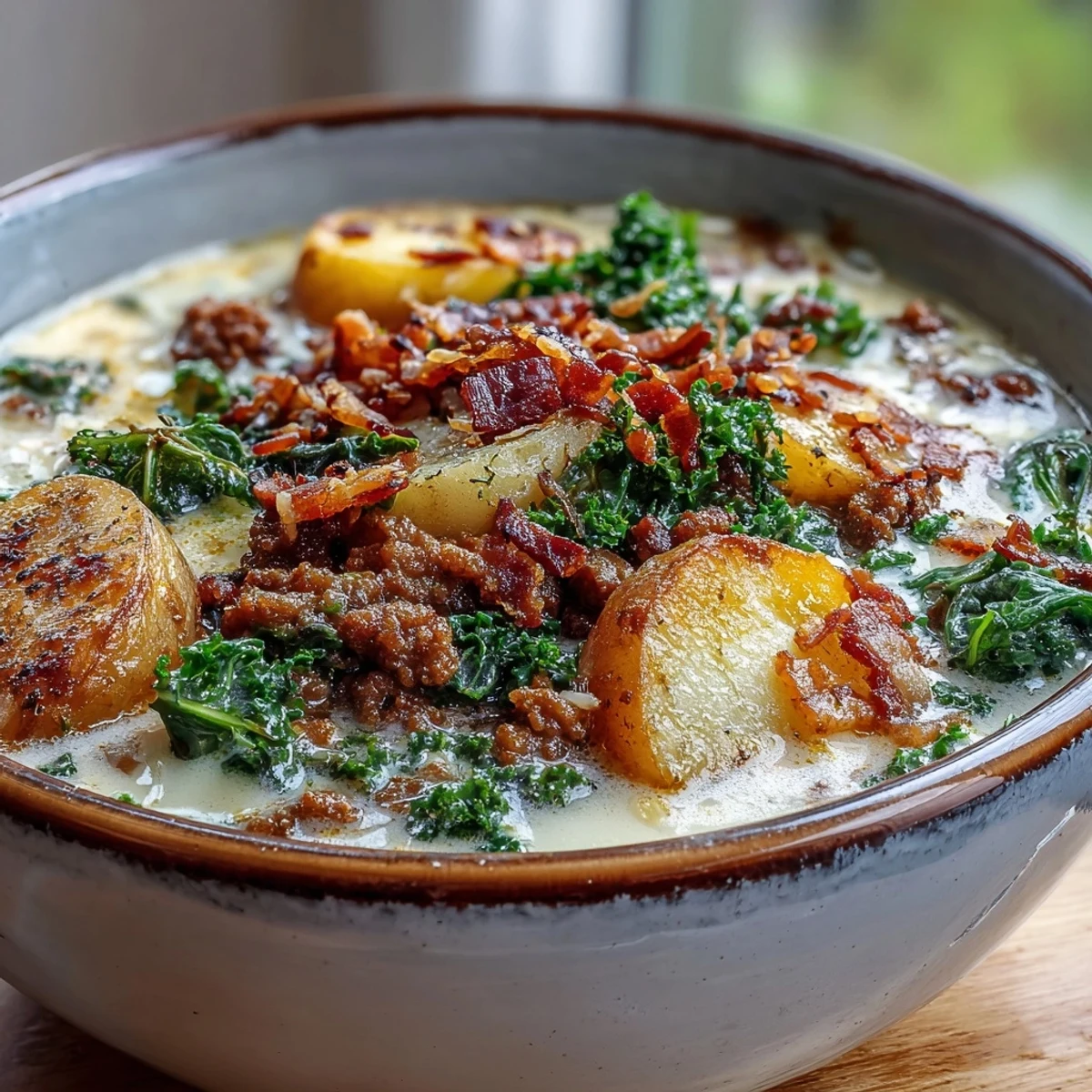 Hearty Italian Sausage Soup ladled into a rustic bowl, featuring chunky potatoes, kale, and a swirl of heavy cream, perfect for cozy nights.