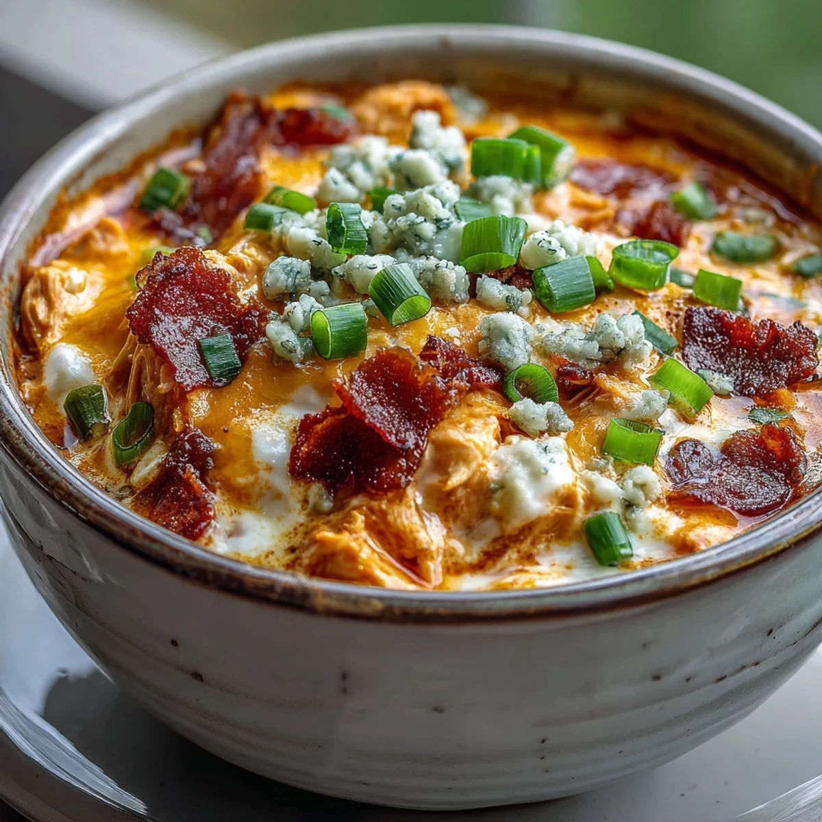 Thick and hearty Crock Pot Buffalo Chicken Dip Soup garnished with parsley and cheddar, steaming beside celery sticks.