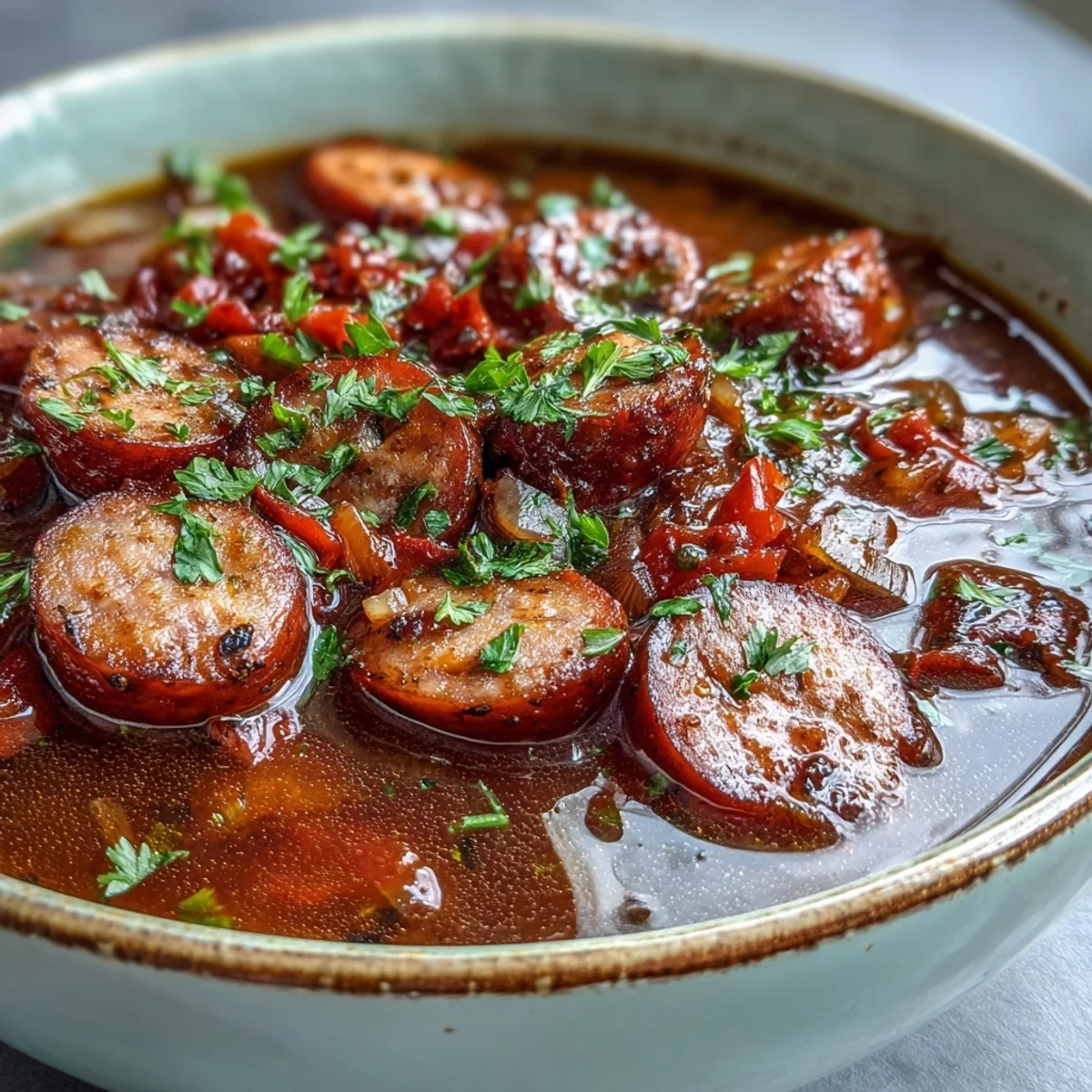 Slow cooker Crock Pot BBQ Cocktail Sausage Soup with tender smoked sausage pieces in a glossy, tangy-sweet red broth.