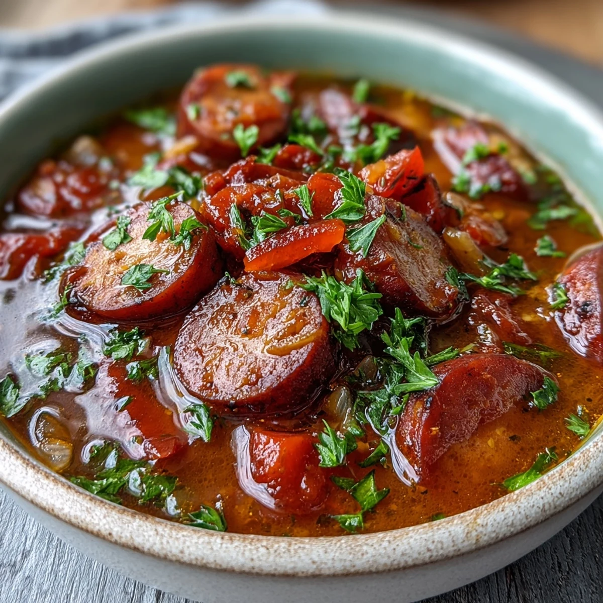 Savory Crock Pot BBQ Cocktail Sausage Soup in a slow cooker with red bell peppers and onions, an easy meal.