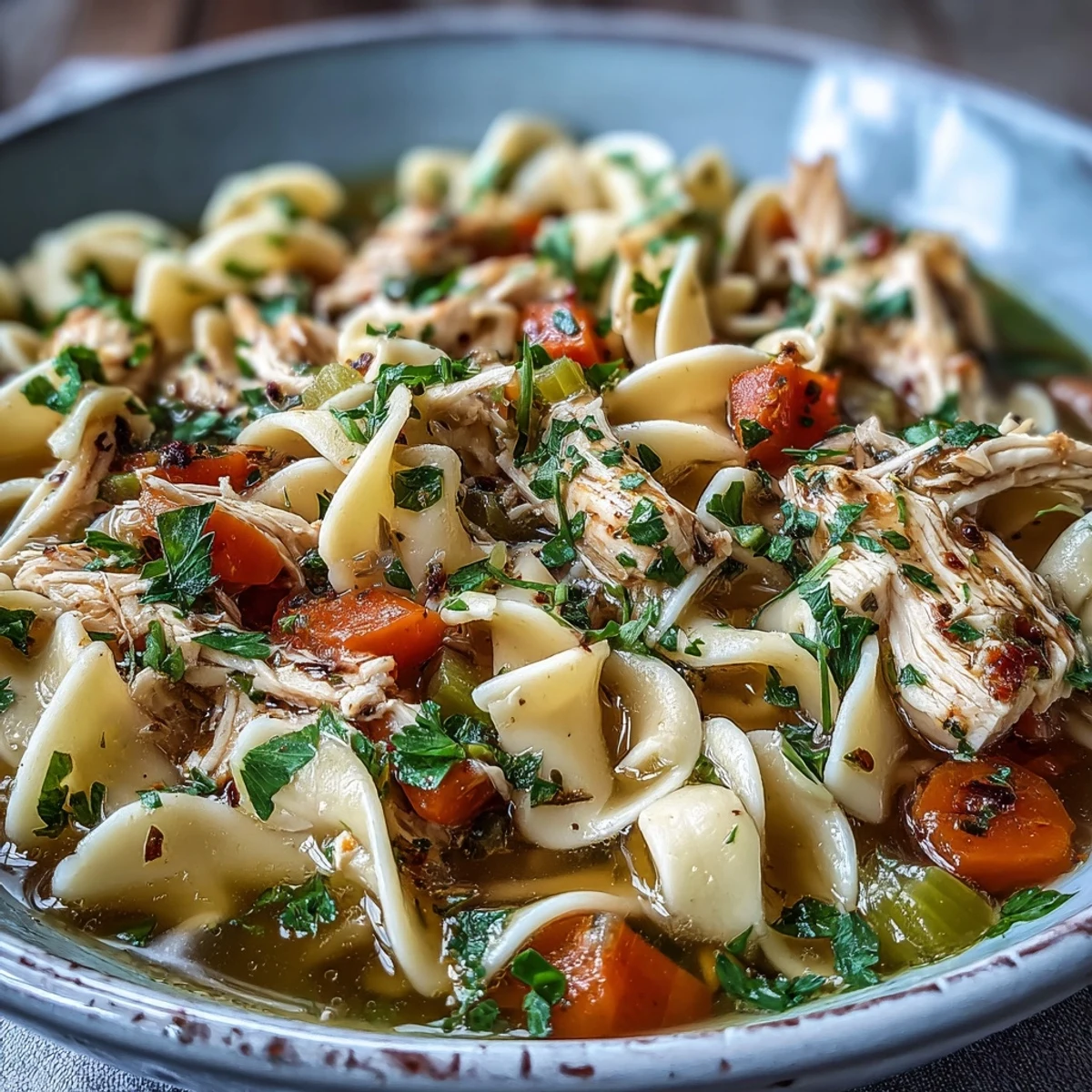 Steaming Instant Pot Chicken Noodle Soup with tender shredded chicken, carrots, and celery in a savory broth.
