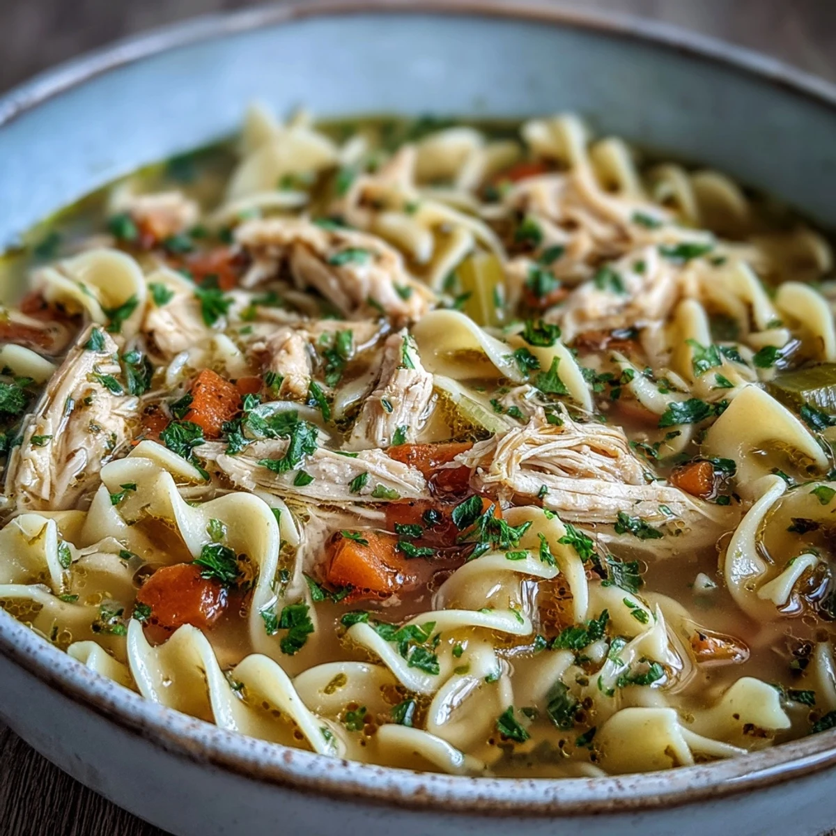 A hearty bowl of Instant Pot Chicken Noodle Soup garnished with fresh parsley, ready for a cozy family meal.