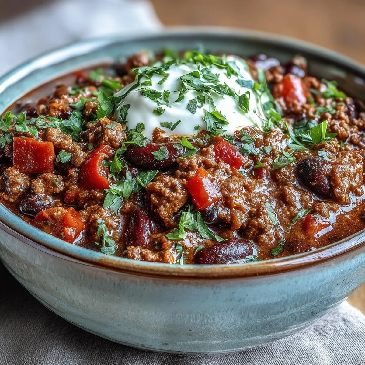 A hearty bowl of Slow Cooker Chili topped with sour cream, cheese, and green onions, beside warm cornbread.