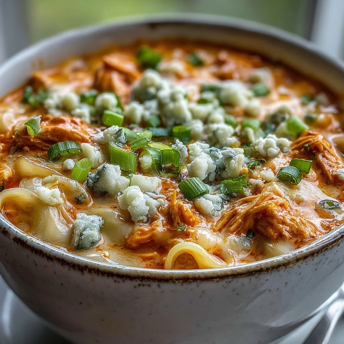 Creamy Crock Pot Buffalo Chicken Dip Soup in a rustic bowl topped with green onions and crumbled blue cheese.