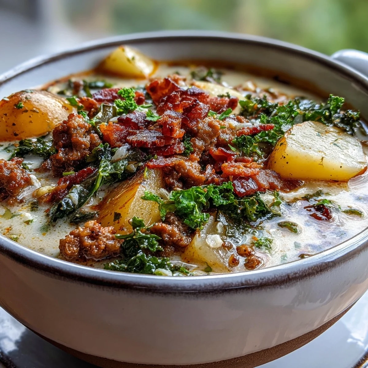 Savory Italian Sausage Soup with creamy broth, tender potatoes, and wilted kale, garnished with crispy bacon for a comforting dinner.