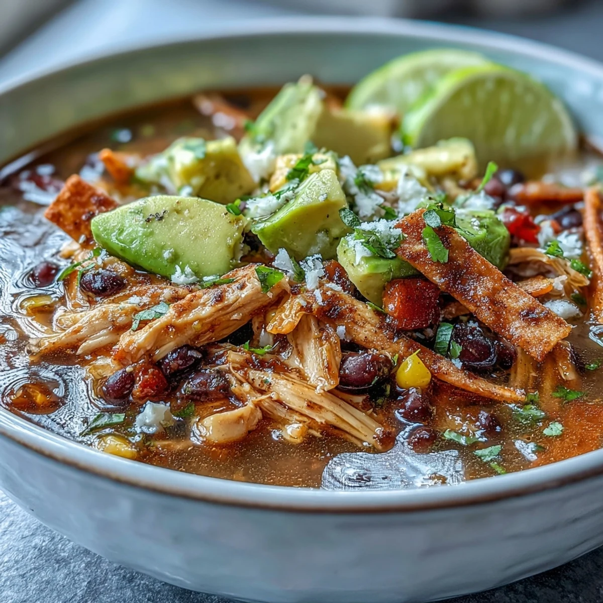Instant Pot Chicken Tortilla Soup steaming in a bowl, topped with avocado, cilantro, and crispy tortilla strips.