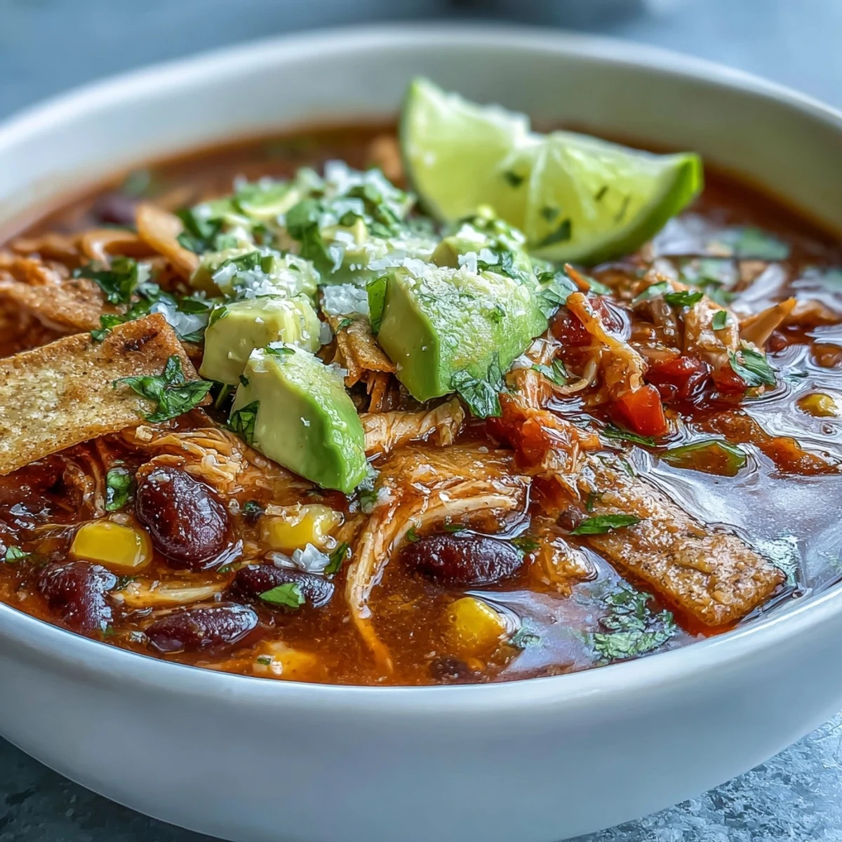 Serving of Instant Pot Chicken Tortilla Soup in a rustic bowl with cheese and sour cream garnish.