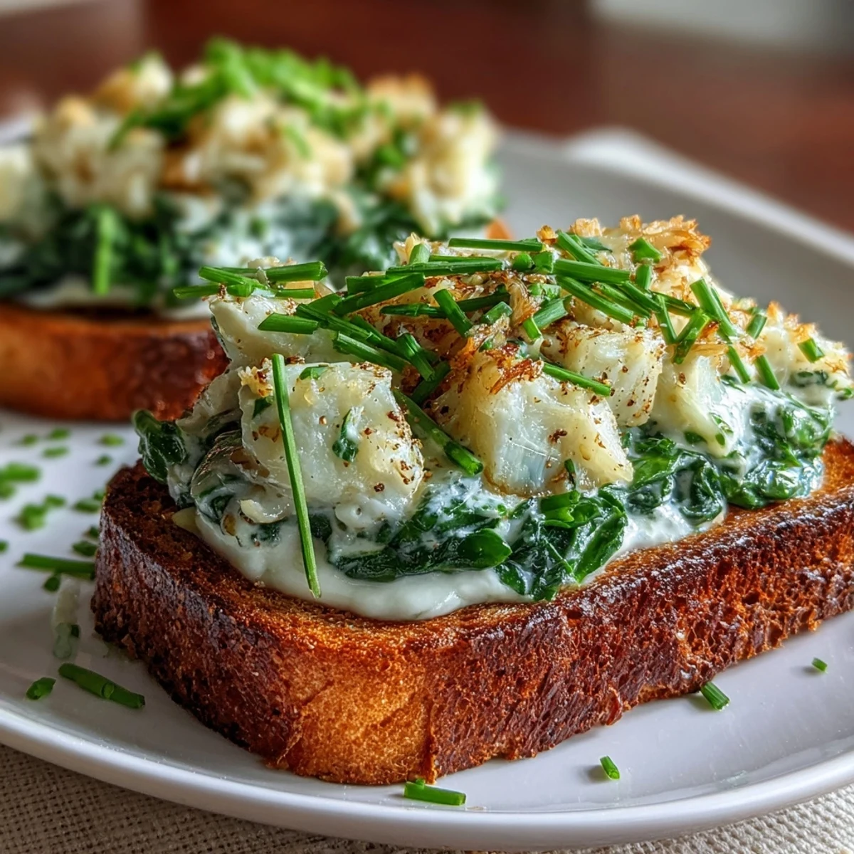 Golden toasted rye bread topped with flaked smoked haddock and creamy spinach garnished with fresh chives.