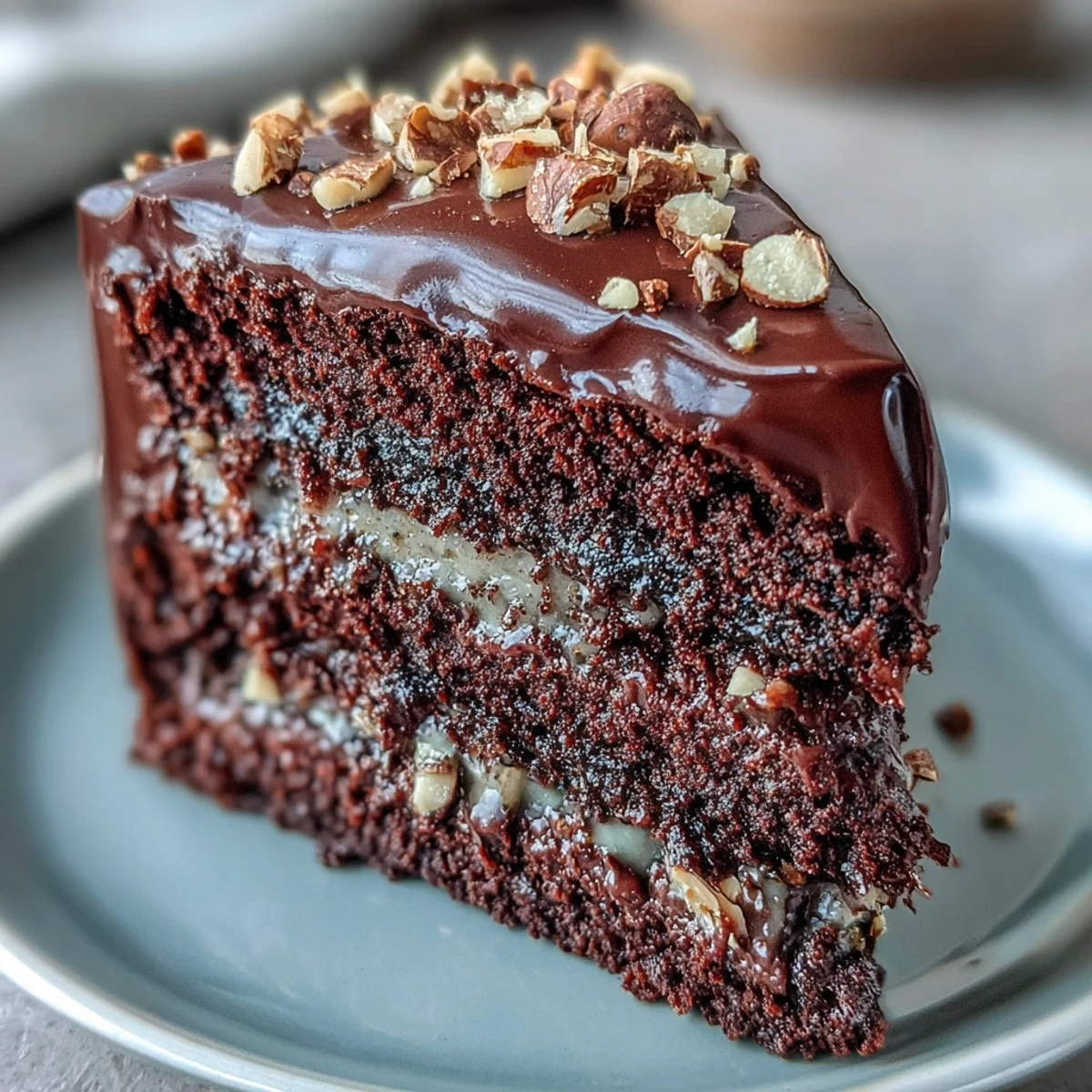Freshly baked Chocolate Celebration Cake slices on a white plate, ganache glistening with crunchy hazelnut praline topping. 