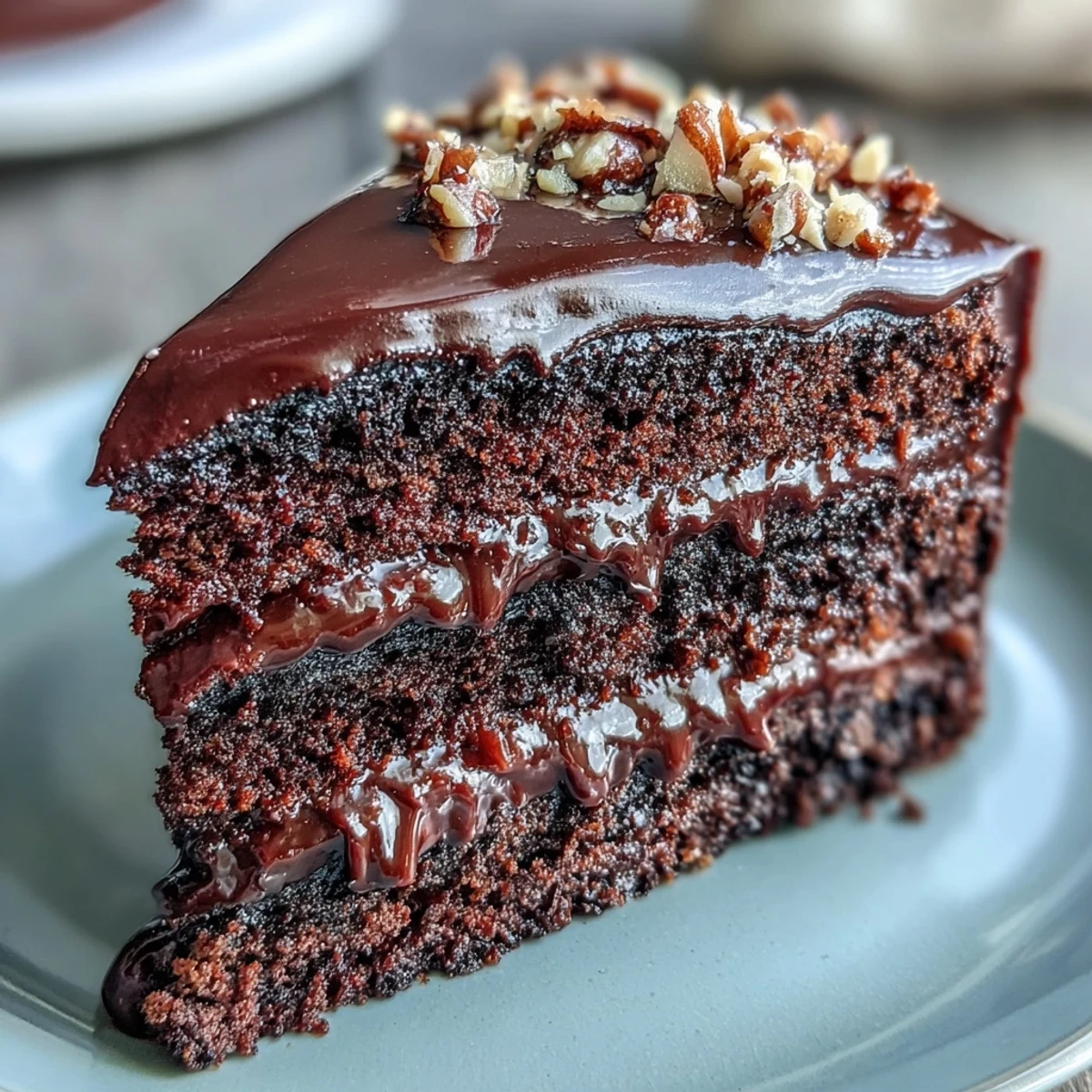 A moist, layered Chocolate Celebration Cake glazed with rich ganache, garnished with shattered hazelnut praline on a slate board. 