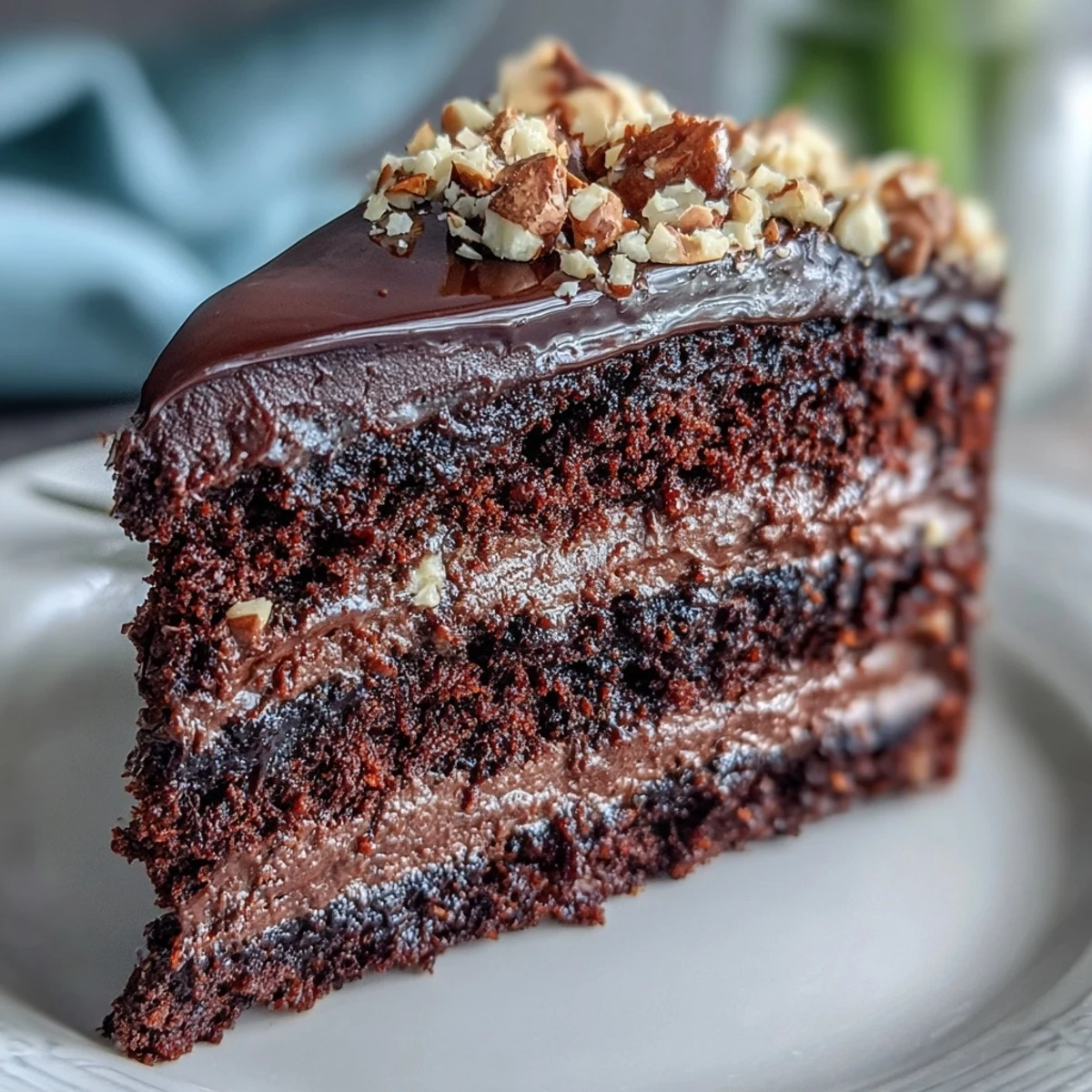 Decadent Chocolate Celebration Cake plated with a dollop of whipped cream, ready to serve at a festive dinner party.