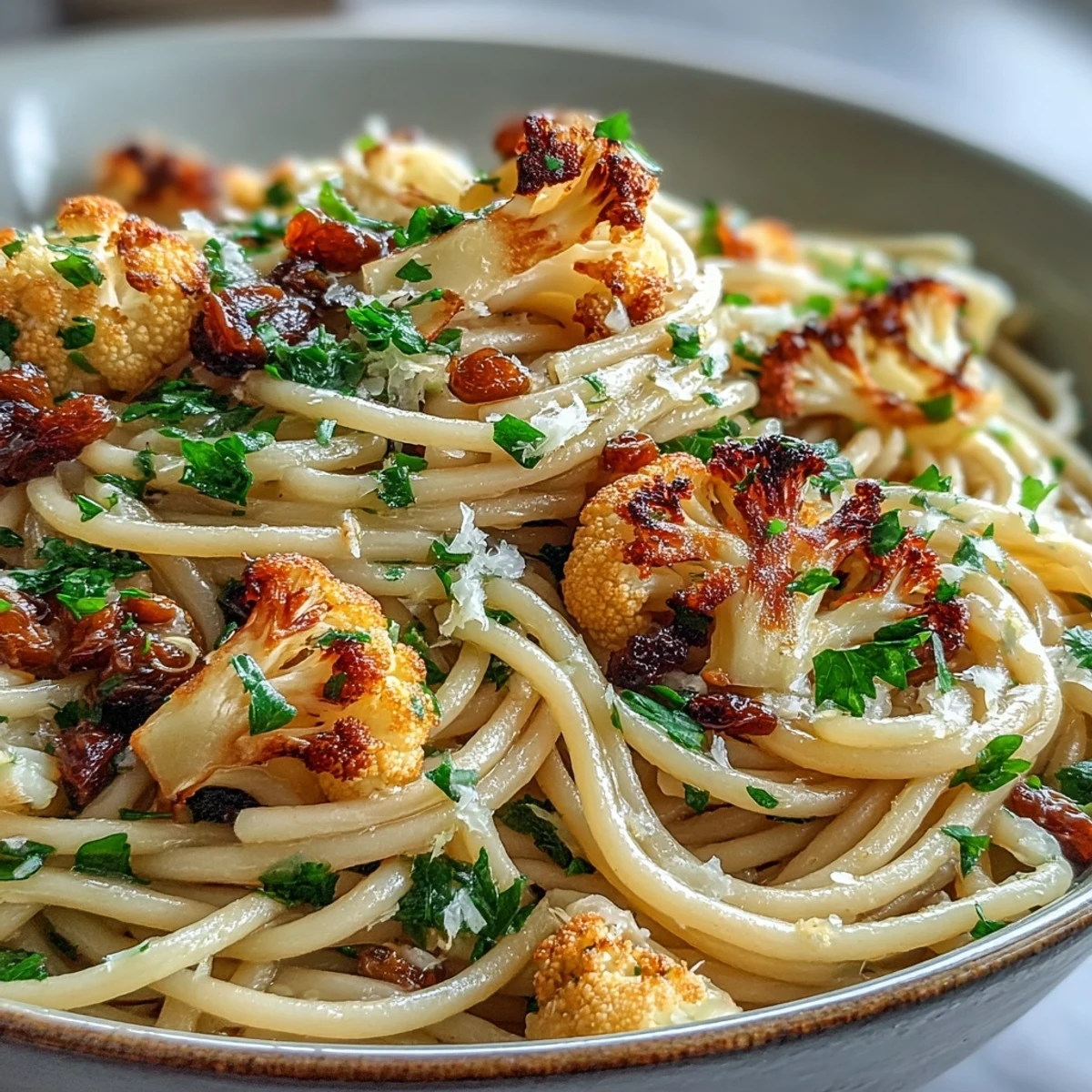 Golden roasted cauliflower florets and savory anchovy fillets tossed in whole wheat spaghetti with sweet raisins and fresh parsley.
