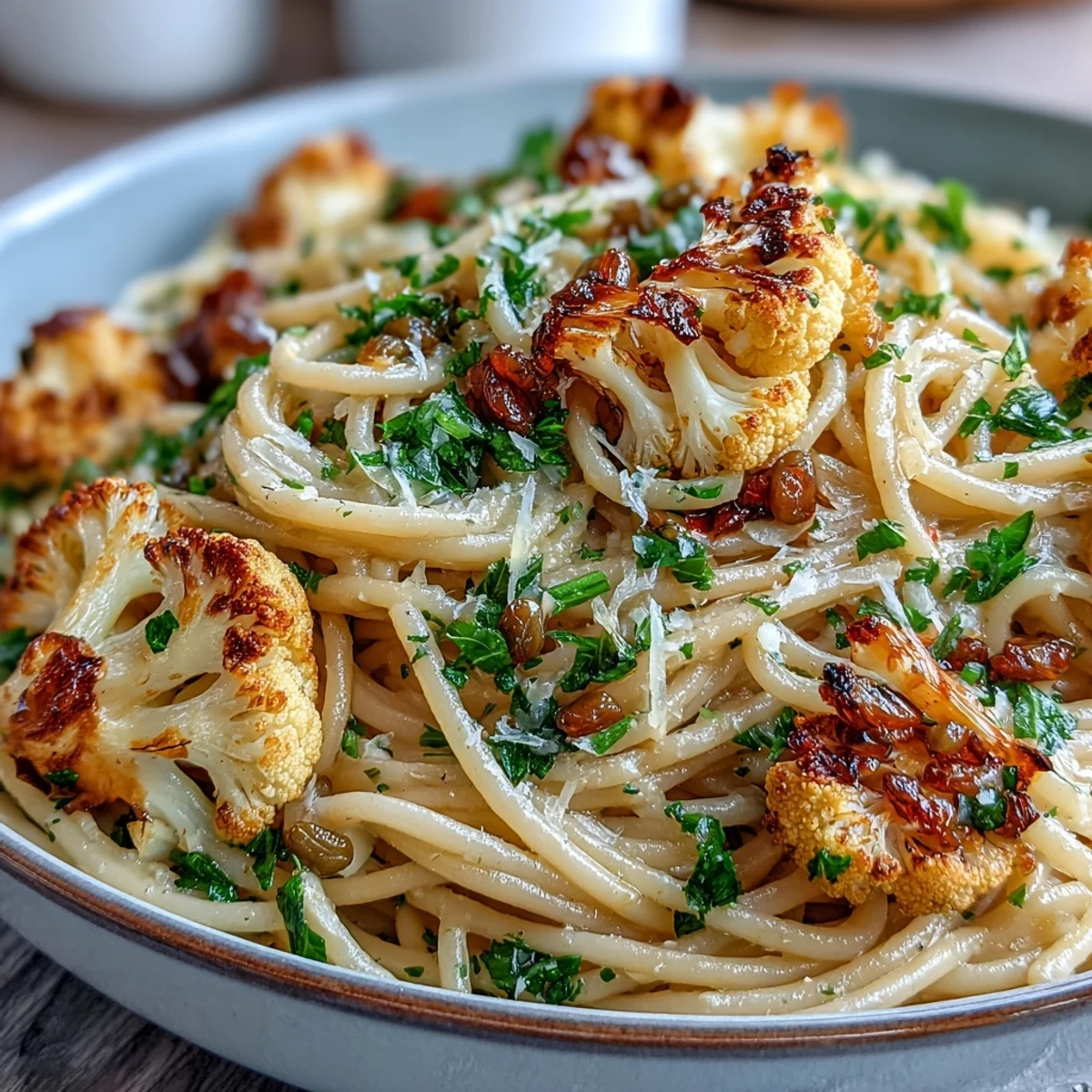 Close-up view of the Italian pasta dish featuring tender roasted cauliflower, anchovies, raisins, and capers on a rustic table.