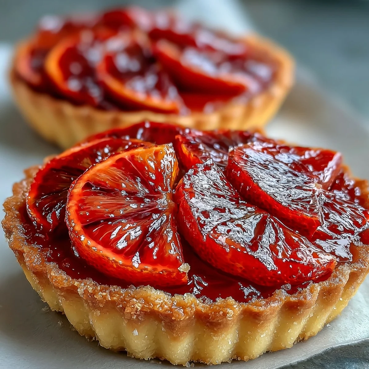 Crisp tart shells filled with silky vanilla custard, topped with bright Blood Orange Tarts slices on a white plate.