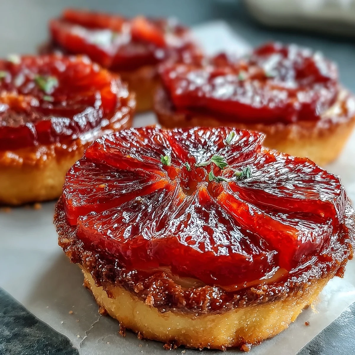 Six elegant Blood Orange Tarts arranged on a marble counter, showcasing vibrant orange segments and honey glaze drizzle.
