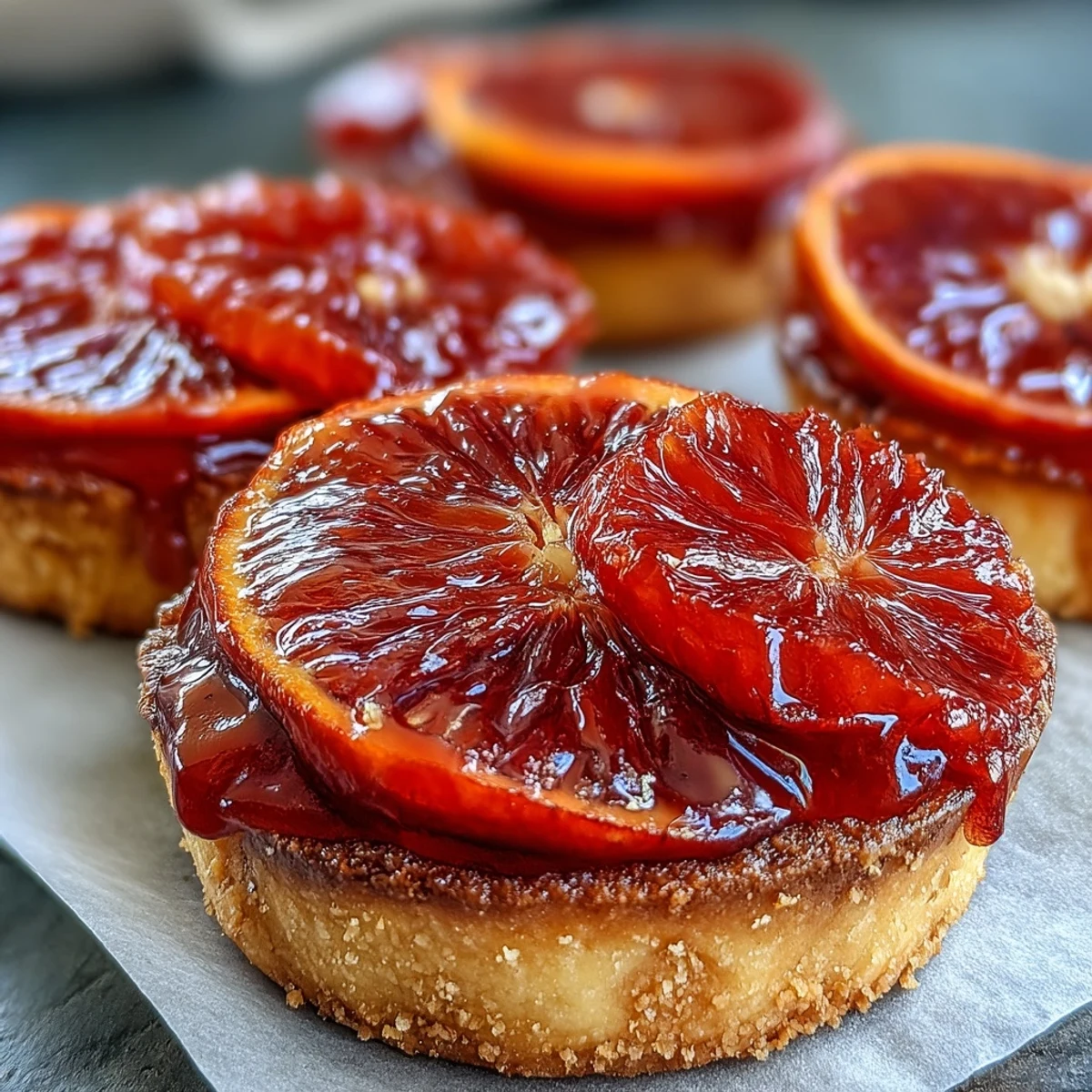Freshly baked Blood Orange Tarts dusted with powdered sugar, served alongside a glass of sparkling rosé wine.