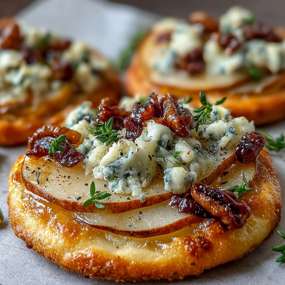 Golden-baked Pear, Gorgonzola, and Pickled Walnut Pizzettes topped with fresh thyme and arugula on a rustic tray.