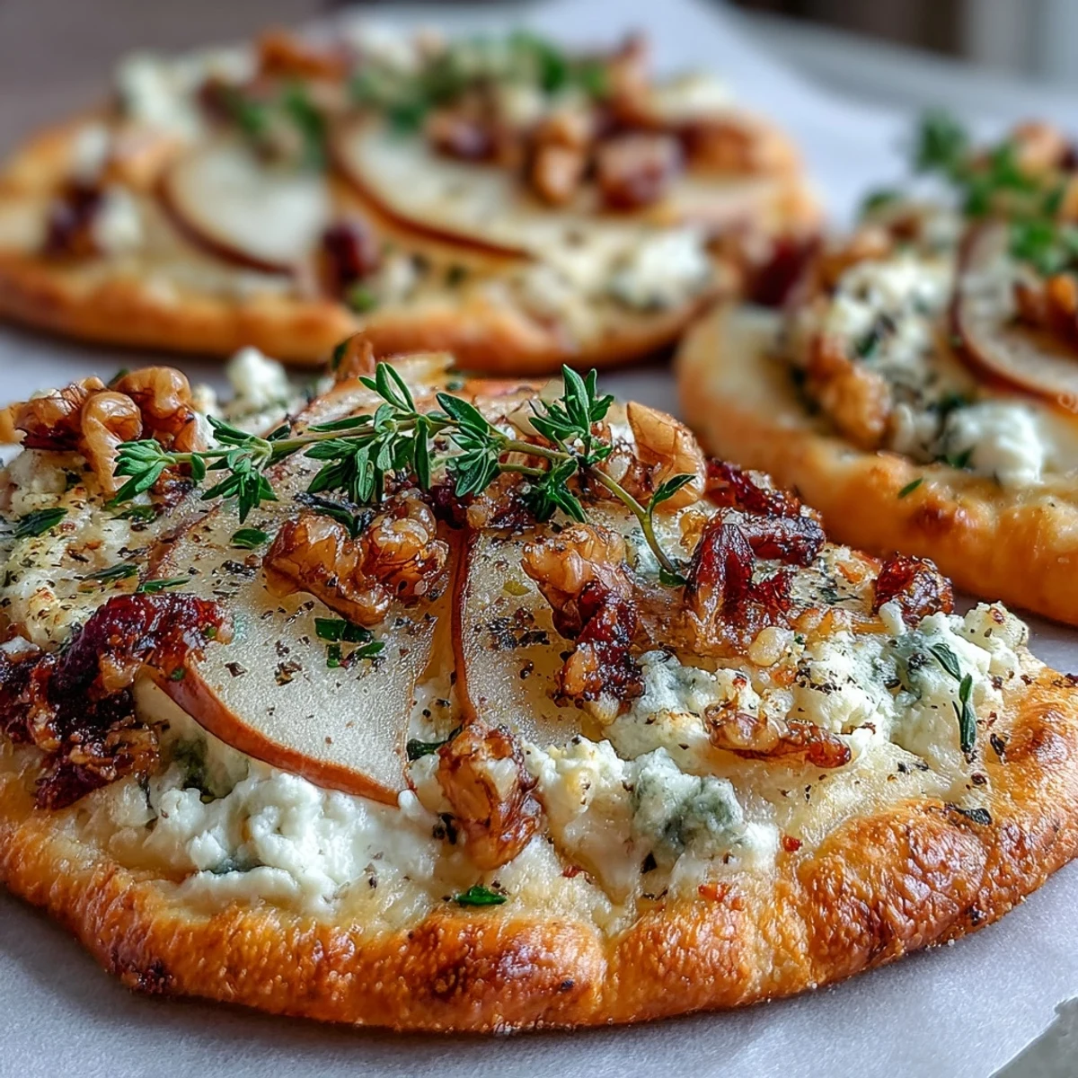 Rustic platter of bite-sized Pear, Gorgonzola, and Pickled Walnut Pizzettes served as an elegant vegetarian appetizer.