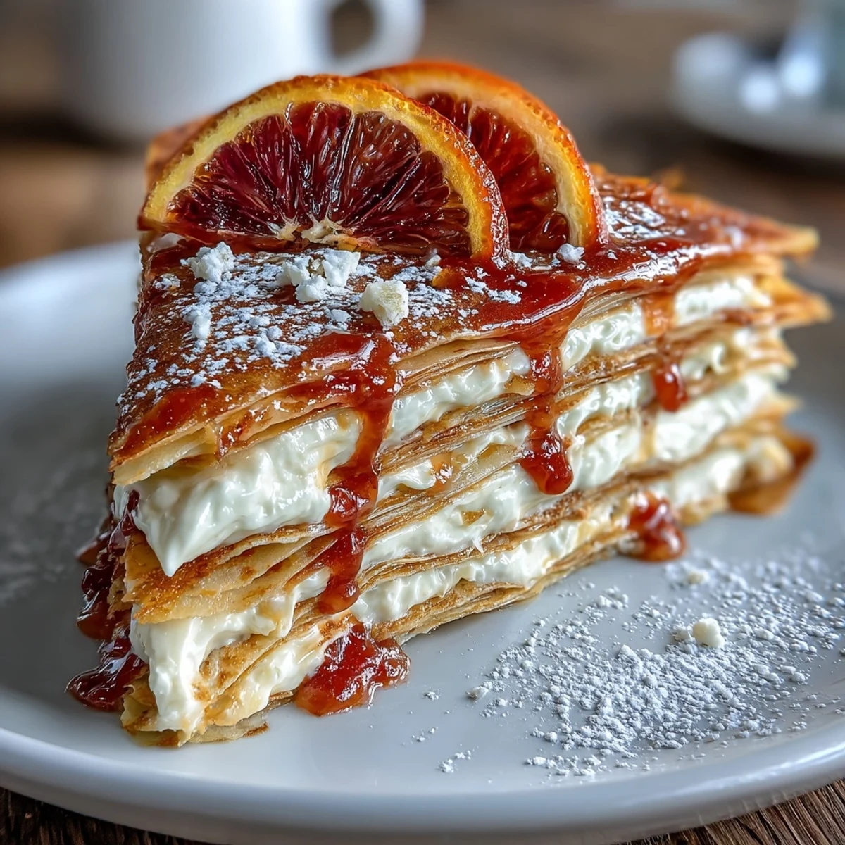 A cross-section view reveals alternating crêpe, orange curd, and fluffy cream layers.