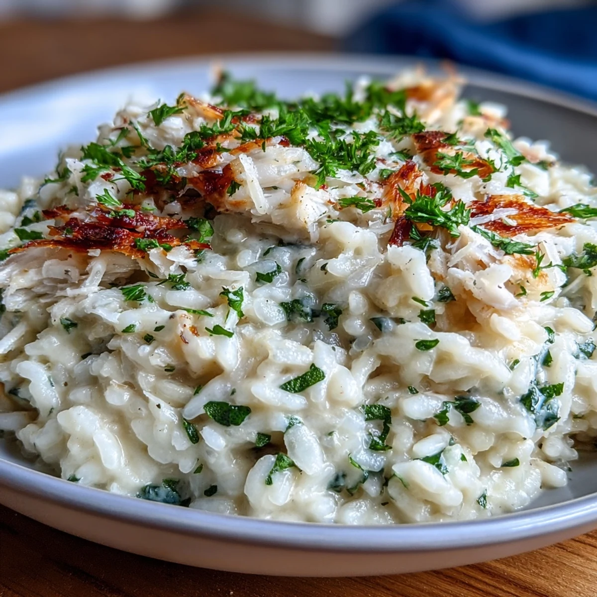 Creamy Smoked Haddock Risotto served warm, featuring tender fish and Arborio rice in a savory, Parmesan-laced sauce. 