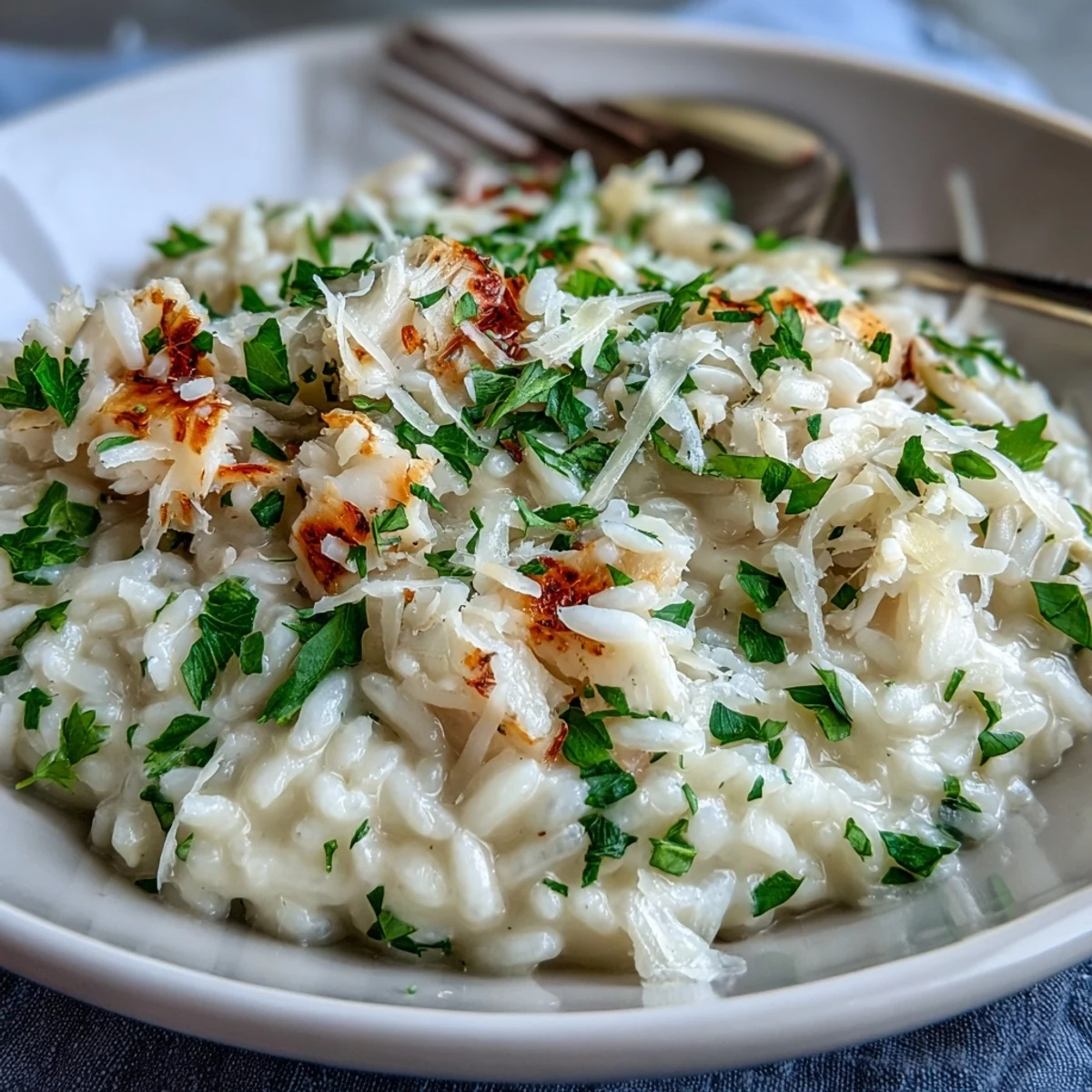 Golden Smoked Haddock Risotto in a white bowl, garnished with fresh parsley and lemon zest for a bright finish. 