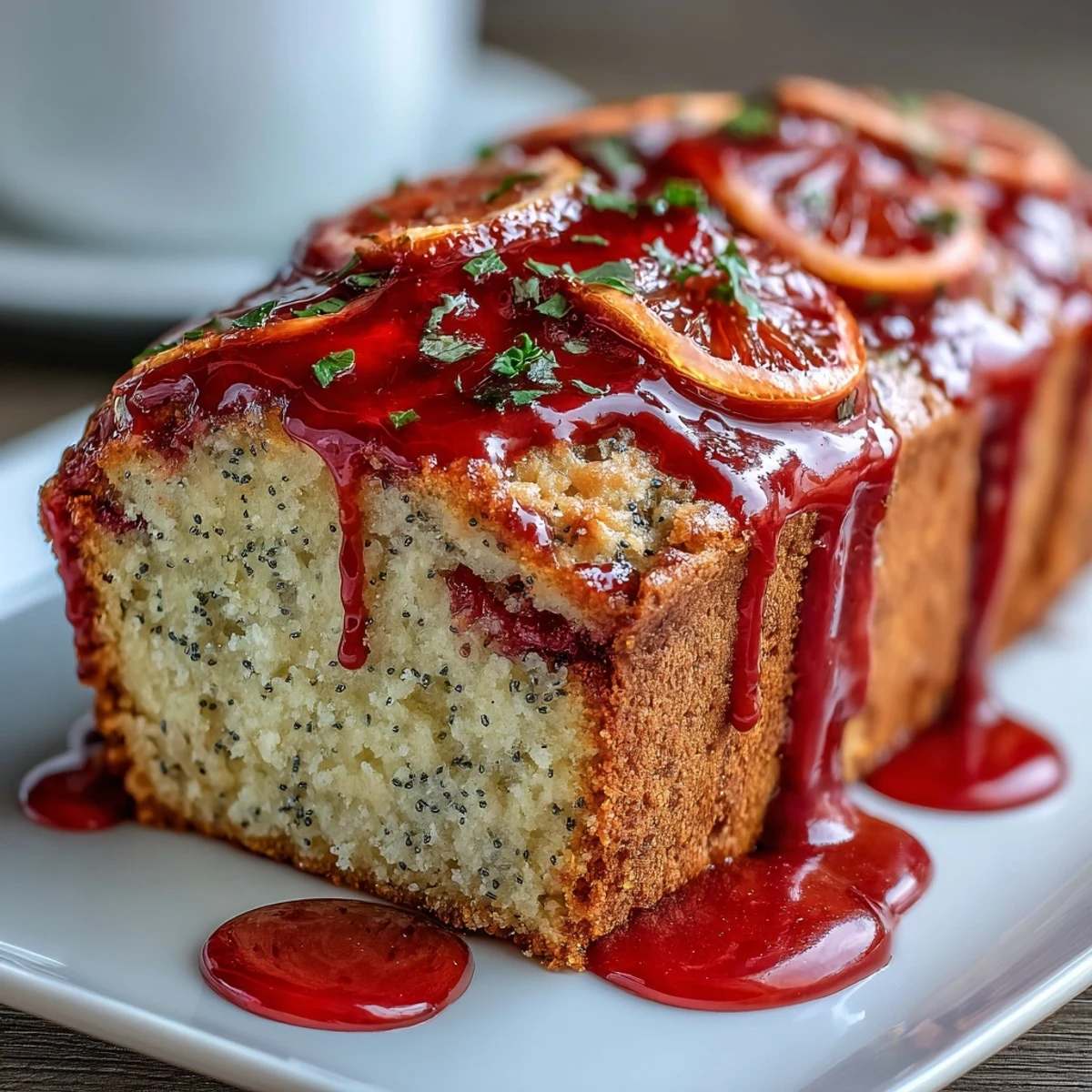 Perfectly baked Blood Orange Loaf Cake with poppy seeds and marzipan, sliced to show moist crumb and ruby-red glaze.