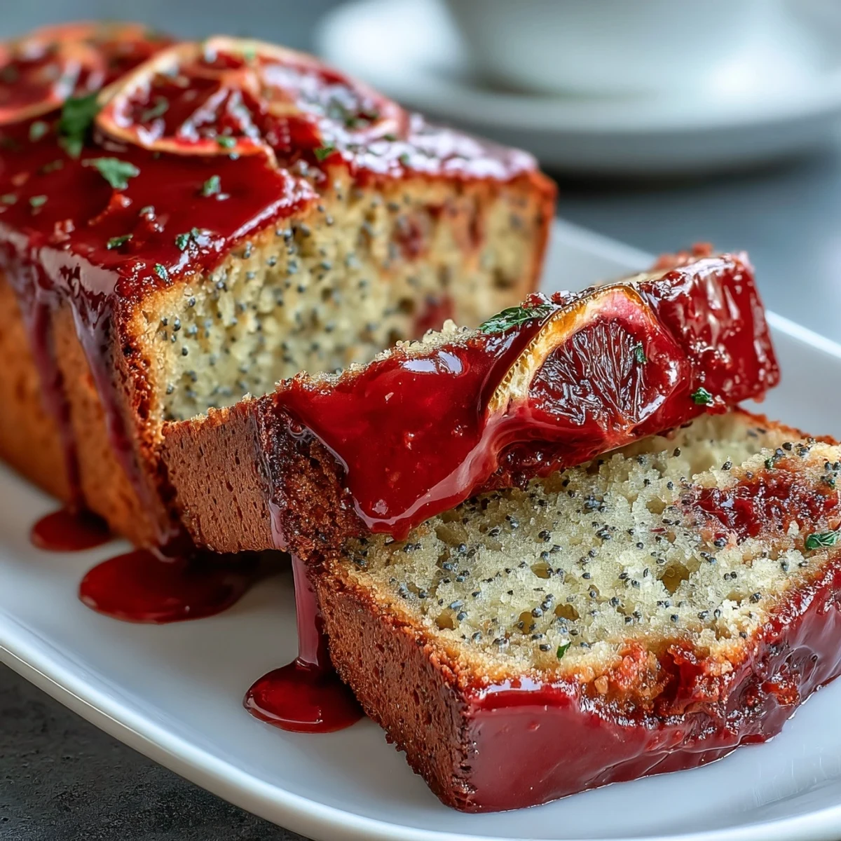 Warm Blood Orange Loaf Cake with poppy seeds and marzipan, cut thick and ready to enjoy with hot Earl Grey tea.