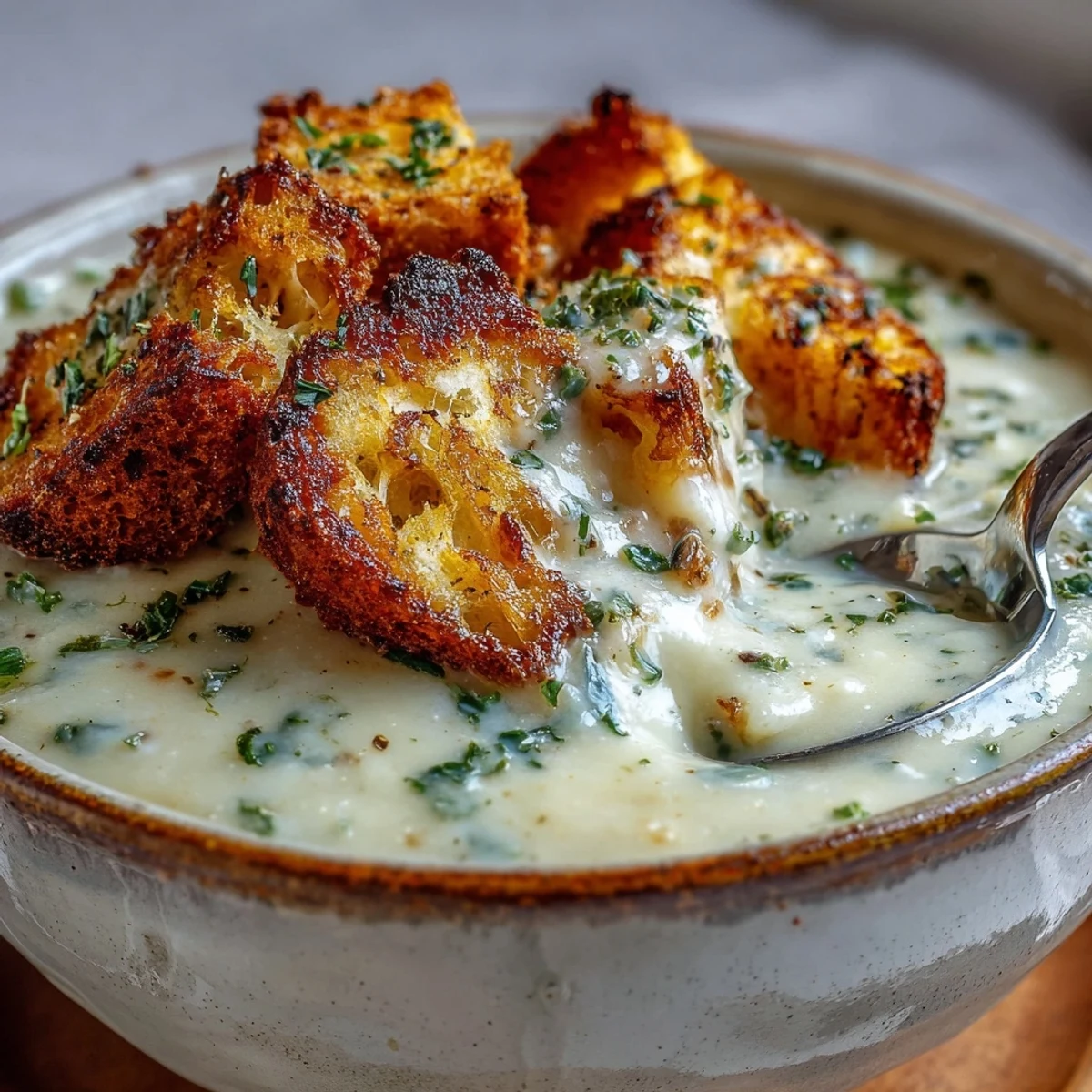 Creamy cauliflower and broccoli soup in a rustic bowl, topped with golden homemade croutons and fresh thyme garnish. 