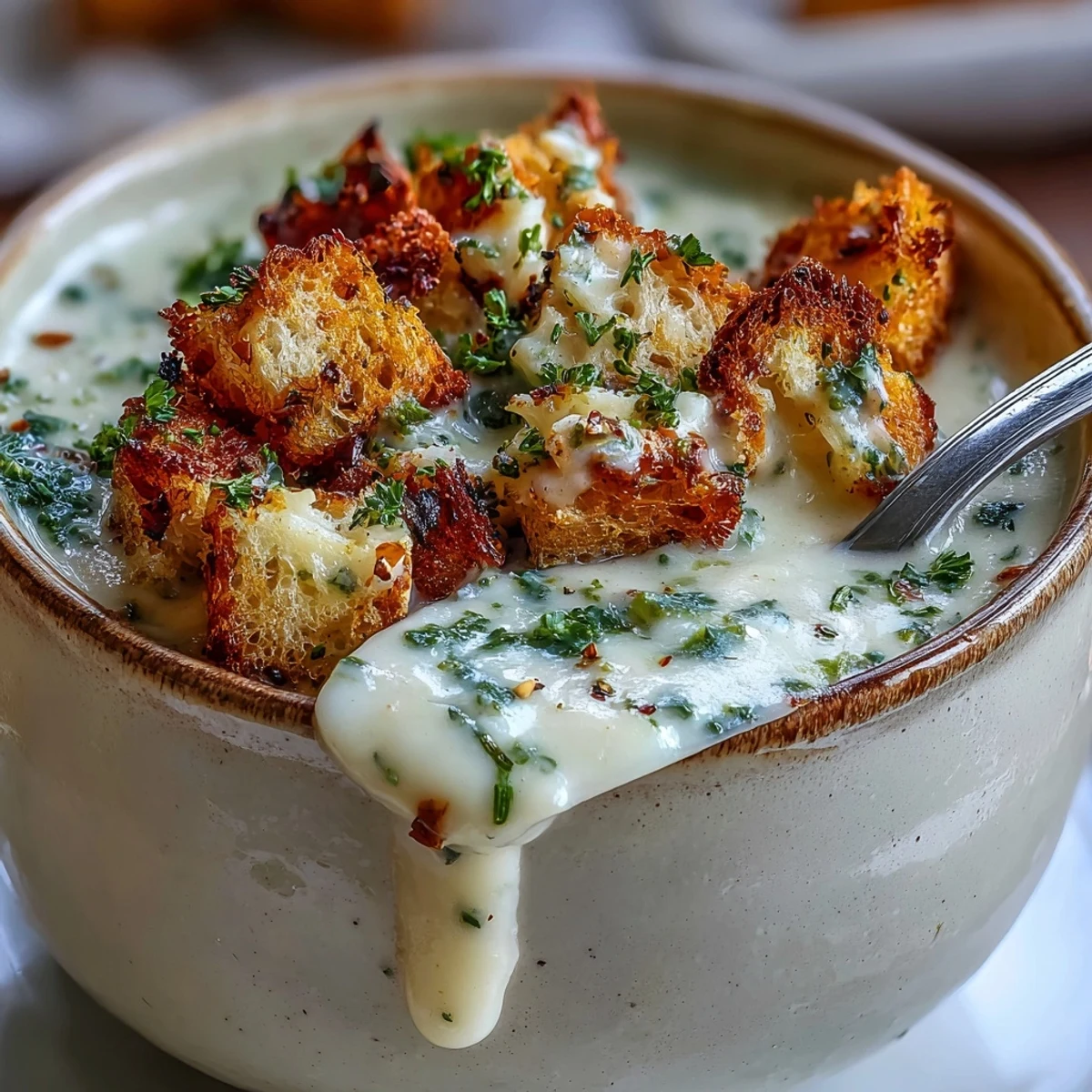 Smooth Cauliflower and Broccoli Soup ladled from a pot, steam rising with vibrant green florets and diced carrots. 