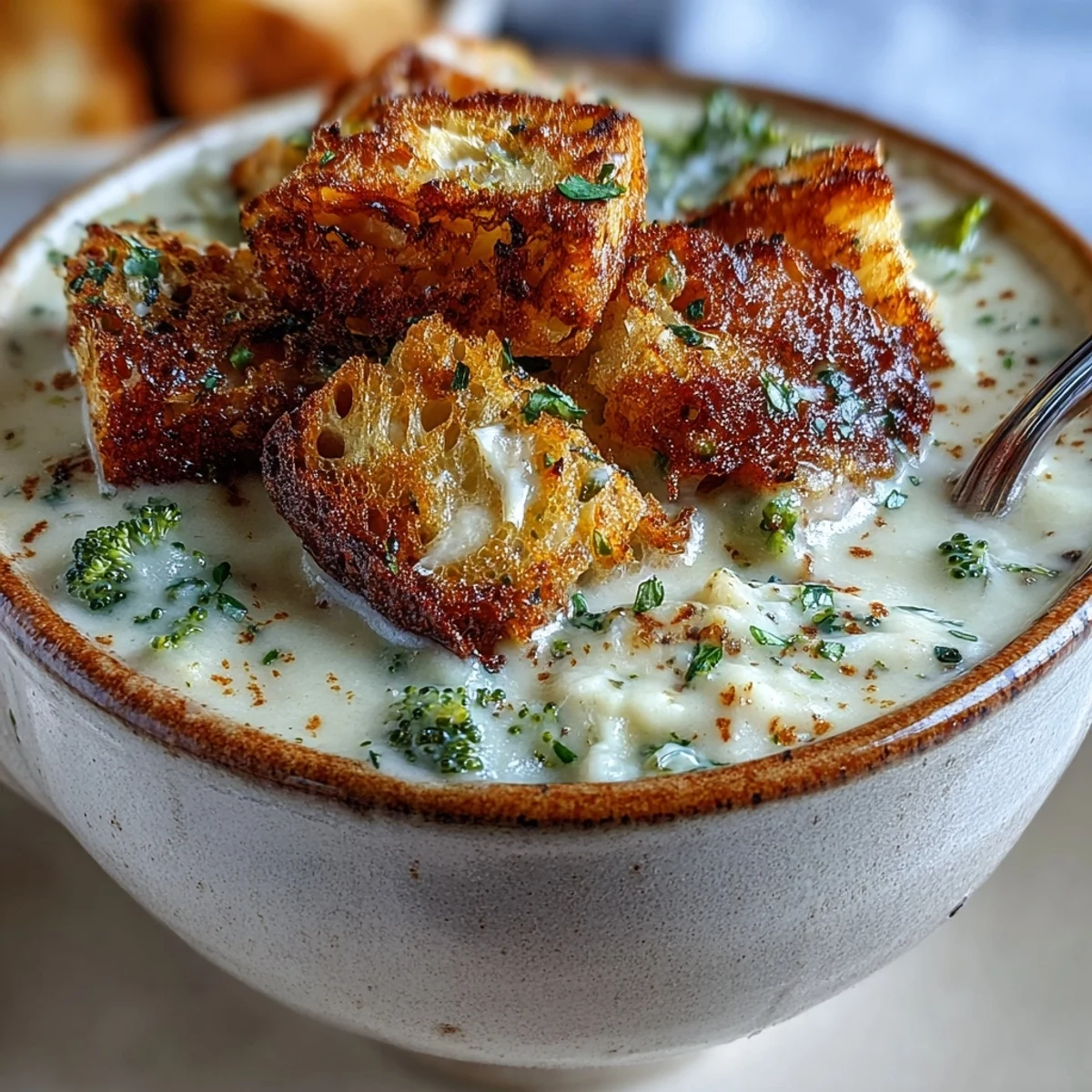 Cauliflower and Broccoli Soup served with crispy croutons on a cozy table, garnished with black pepper and olive oil.