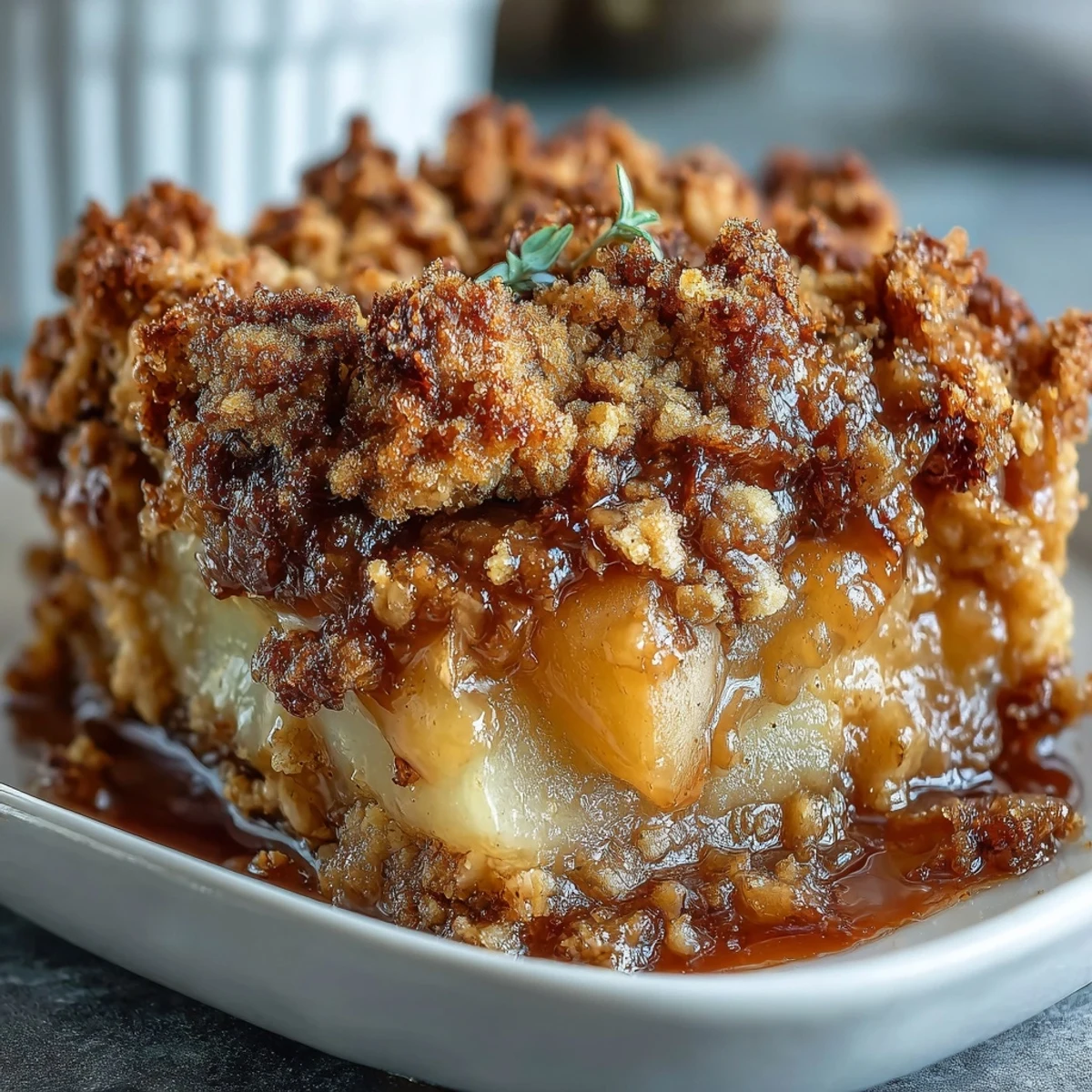 Rustic Pear Crumble served warm in a ceramic dish, topped with melting vanilla ice cream and a cinnamon dusting.