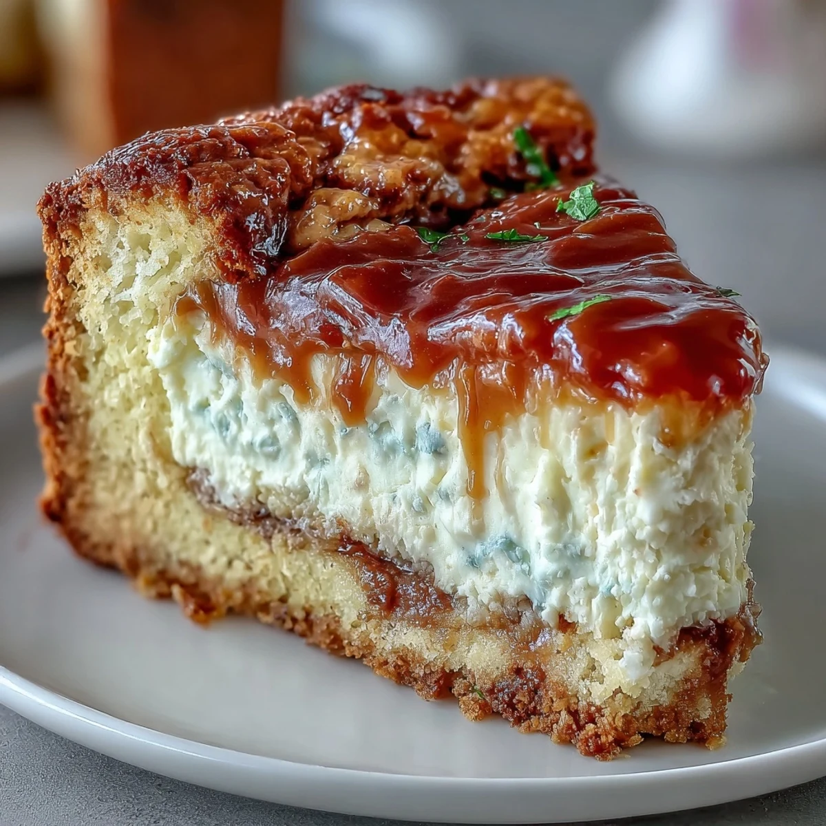 Freshly baked Caramel Cream Cheese Bread shows a golden loaf with a marbled cheesecake center and sticky caramel drizzle.