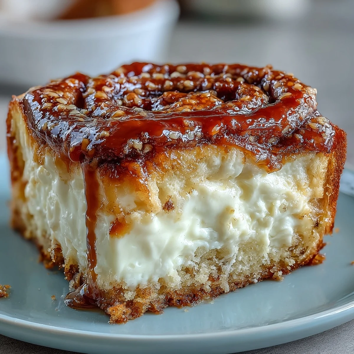 Warm Caramel Cream Cheese Bread loaf rests on a cooling rack with a sweet caramel topping glaze.