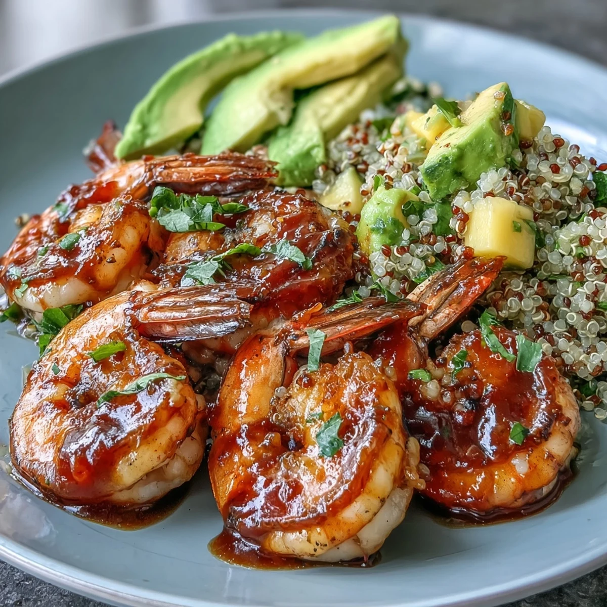 Freshly diced mango, red onion, and cilantro create a colorful salsa piled high on smoky grilled shrimp and avocado in this savory bowl.