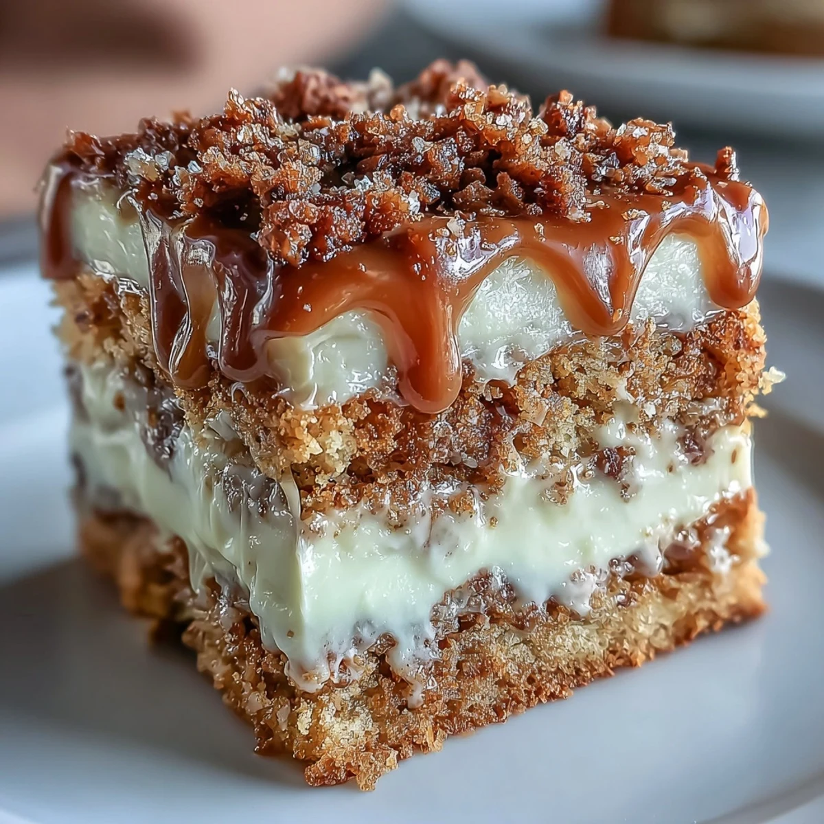 Frosted Decadent Baked Biscoff Cake with creamy Lotus frosting sits beside a cup of coffee, topped with crushed cookie pieces and caramel drizzle.
