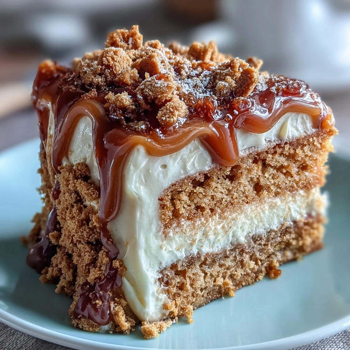Slice of Decadent Baked Biscoff Cake revealing tender crumb and swirls of Lotus frosting, served on a rustic plate for a cozy dessert.