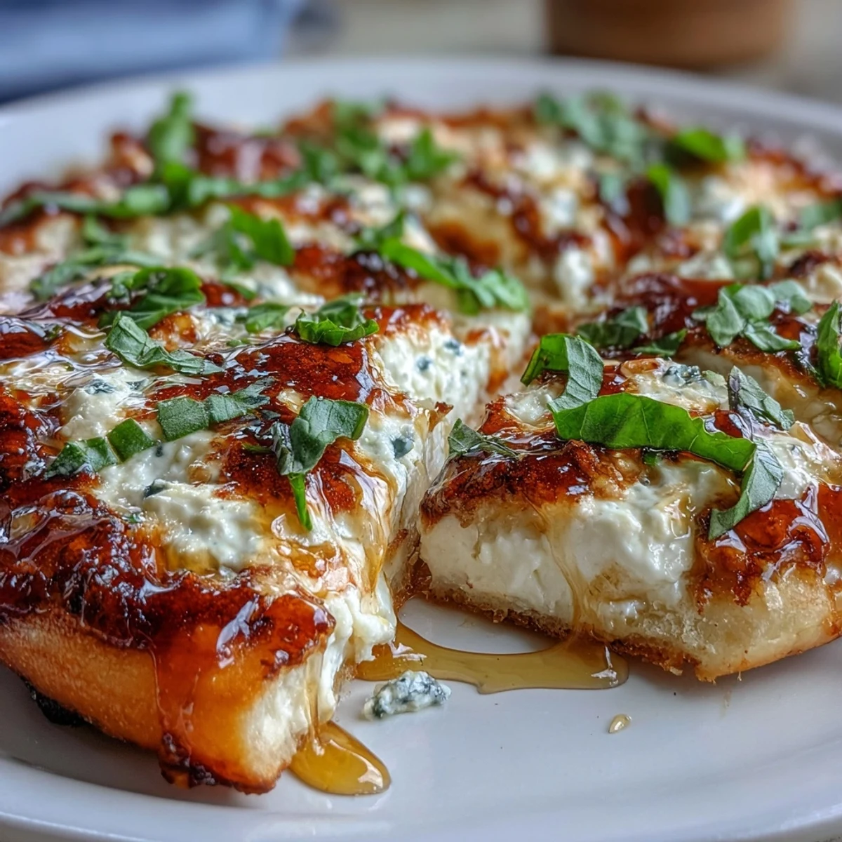Golden brown Hot Honey Ricotta Pizza with bubbling mozzarella, creamy ricotta, fresh basil, and a glossy drizzle of spicy honey on a wooden cutting board. 